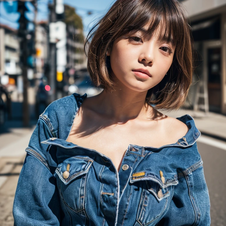 nude,Big Breasts,((highest quality, 8K, masterpiece: 1.3)), Sharp focus: 1.2, Cute Woman: 1.4, (((Layered Haircut)), (), (Sunny, street: 1.2), Highly detailed face and skin texture, Detailed eye, double eyelid, White skin, Long Hair, Brown Hair, Cute young Japanese woman, 28 years old, neon, beautiful pop singer with guitar, jeans, Sing into the microphone at a dynamic angle, eyeにも楽しいし、This is a thought-provoking composition., Emphasize the subject's hair, eye, Words and actions, The calm tones and the contrast between light and shadow create a melancholy feeling..