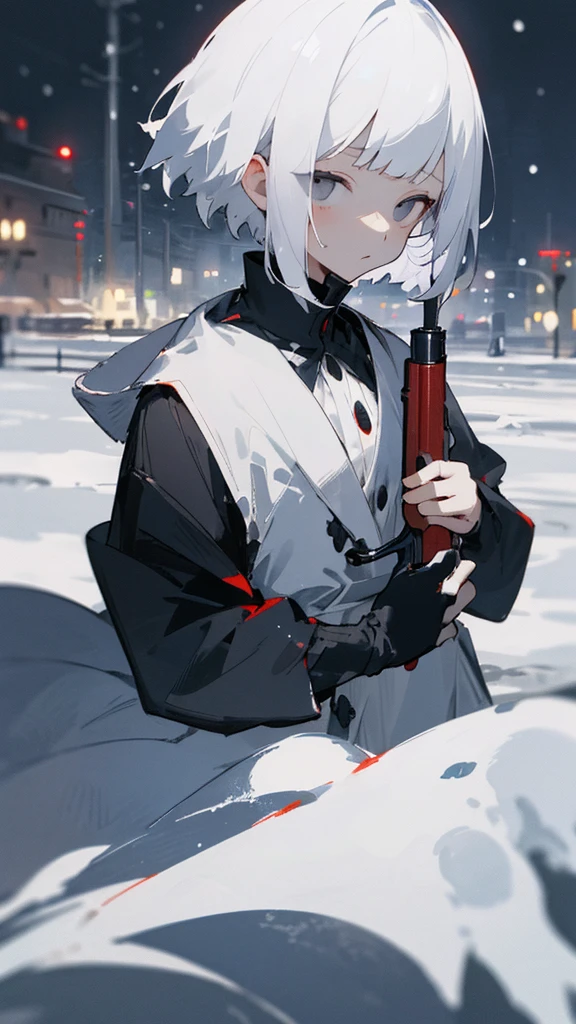 (masterpiece、highest quality)、Short nape hair、1 girl with very short white hair、Black cardigan、Grim expression、Grey Eyes、Warm lighting、 Blurred foreground、night深く、High Contrast、night、In the city,it's snowing,Heavy snowfall,winter,Alone in the vast snowy field,whole body,curse,Looking at me,Huge construction,moon,blue sky,Holding a gun in your hand
