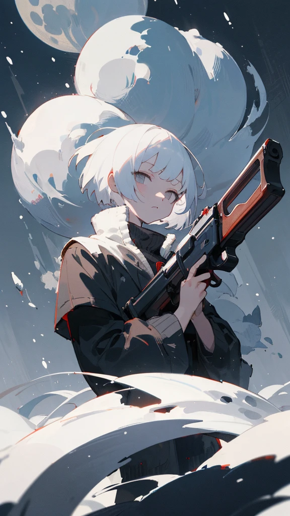 (masterpiece、highest quality)、Short nape hair、1 girl with very short white hair、Black cardigan、Grim expression、Grey Eyes、Warm lighting、 Blurred foreground、night深く、High Contrast、night、In the city,it&#39;s snowing,Heavy snowfall,winter,Alone in the vast snowy field,whole body,curse,Looking at me,Huge construction,moon,blue sky,Holding a gun in your hand