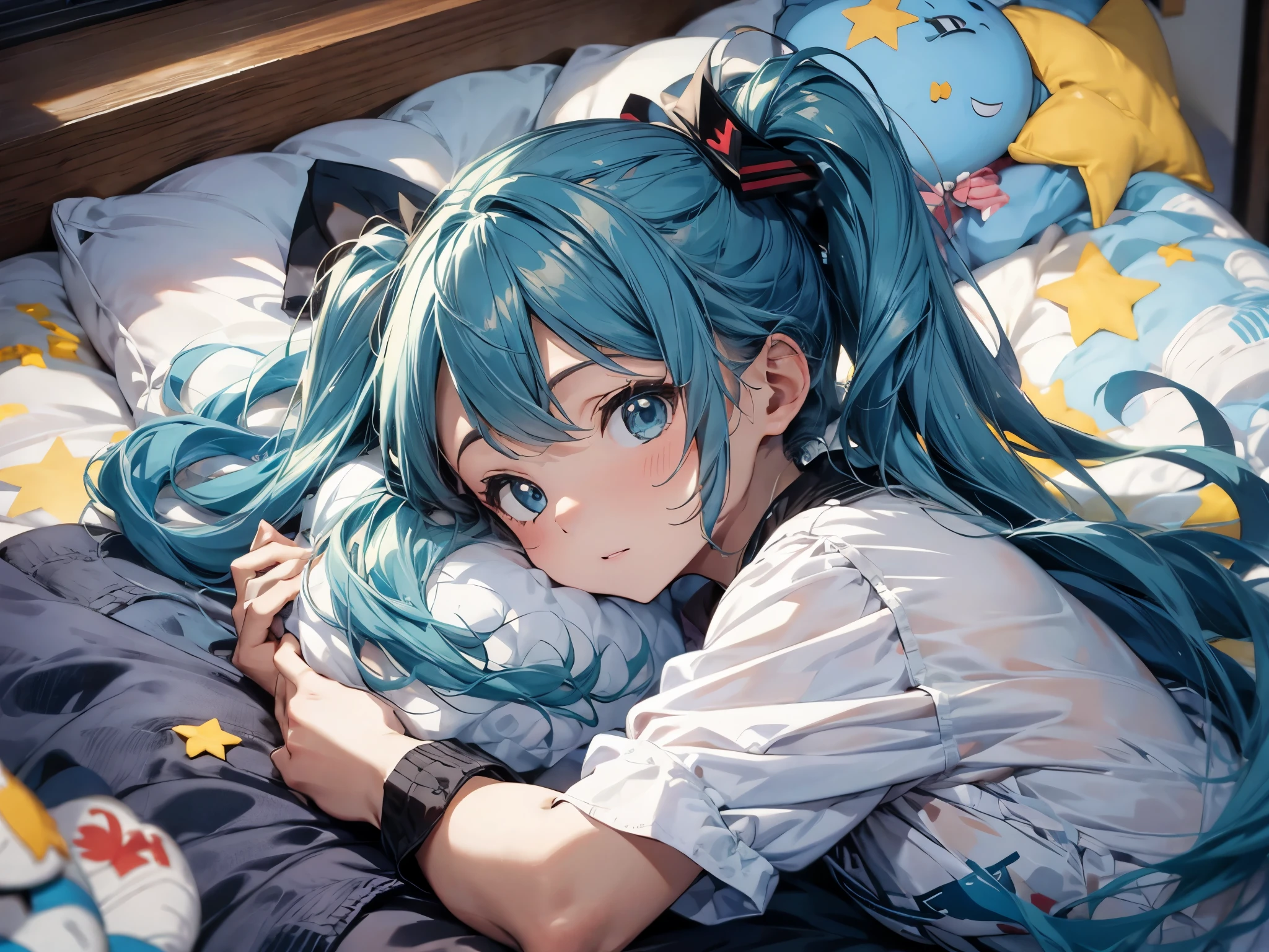 A girl, teal hair, ponytail on both sides, Cyan eyes, ((Character Hatsune Miku)), Everlasting, Sleeping in bed, Sleeping on Pillow, Happy, Lovely, Closed eyes, Towards you, POV, when she sleeps next to you, Pillow, Pillow, Star, cloud, lovely Bedroom with light cyan and white background, cartoon, ((illustration)), high quality CG, Fair