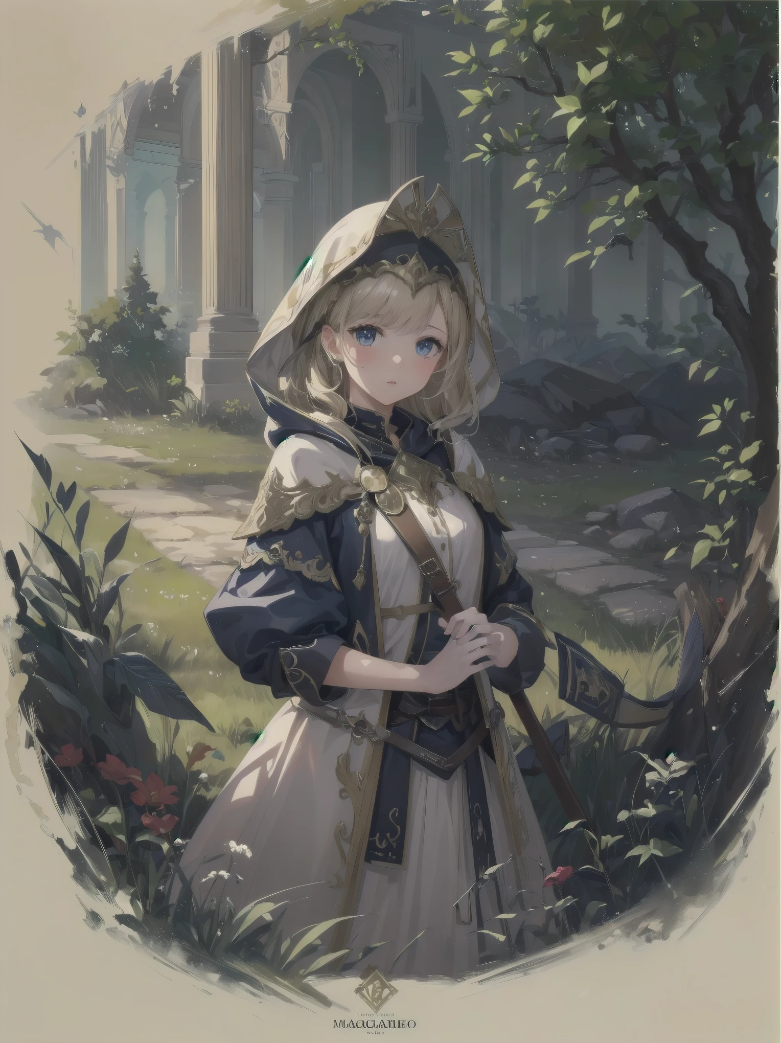 (Masterpiece, top quality, highest quality, official art, beautiful and aesthetic: 1.2), 1 girl, solo, marquise, adventurer, hood, meadow, detailed background, otherworldly fantasy with overwhelming modeling and super detailed amount of writing, one of the most powerful battle scenes, deep and detailed background, cute and beautiful girl, imaginative Cute girls, imaginative posing