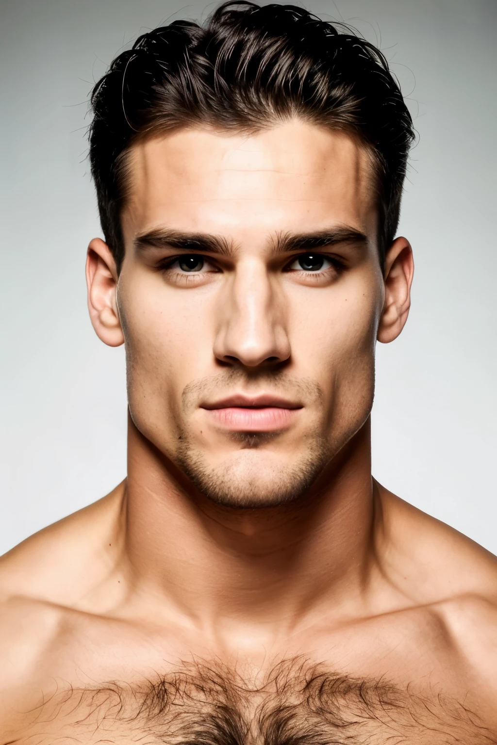 Half body shot of a man with very nice chiseled jaw and chest, big biceps, perfect face model, with symmetrical facial features, attractive facial features, perfect face, flawless face, perfect facial features, clean perfect symmetrical face, richly defined face, clean beautiful symmetrical face, attractive symmetrical face, perfect face and eyes