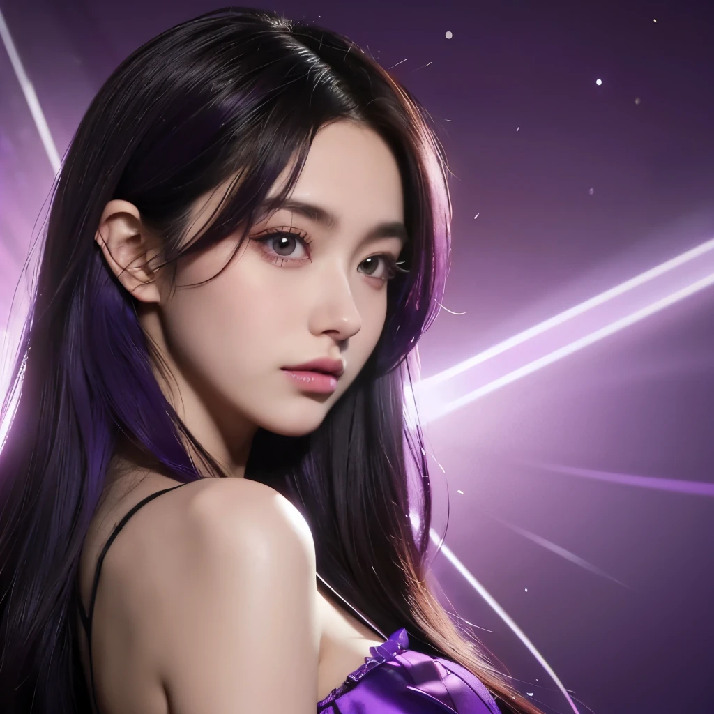 a semi close up shot of a person with long hair and a purple background, ; visual novel, violet skin, visual novel cg, visual novel, victor stone, victor, vi from arcane, voidstar, visual novel key visual, official fanart, heroine japan vivid landscape, visual novel sprite, anime visual style, vibrant fan art, yandere, realistic eyes