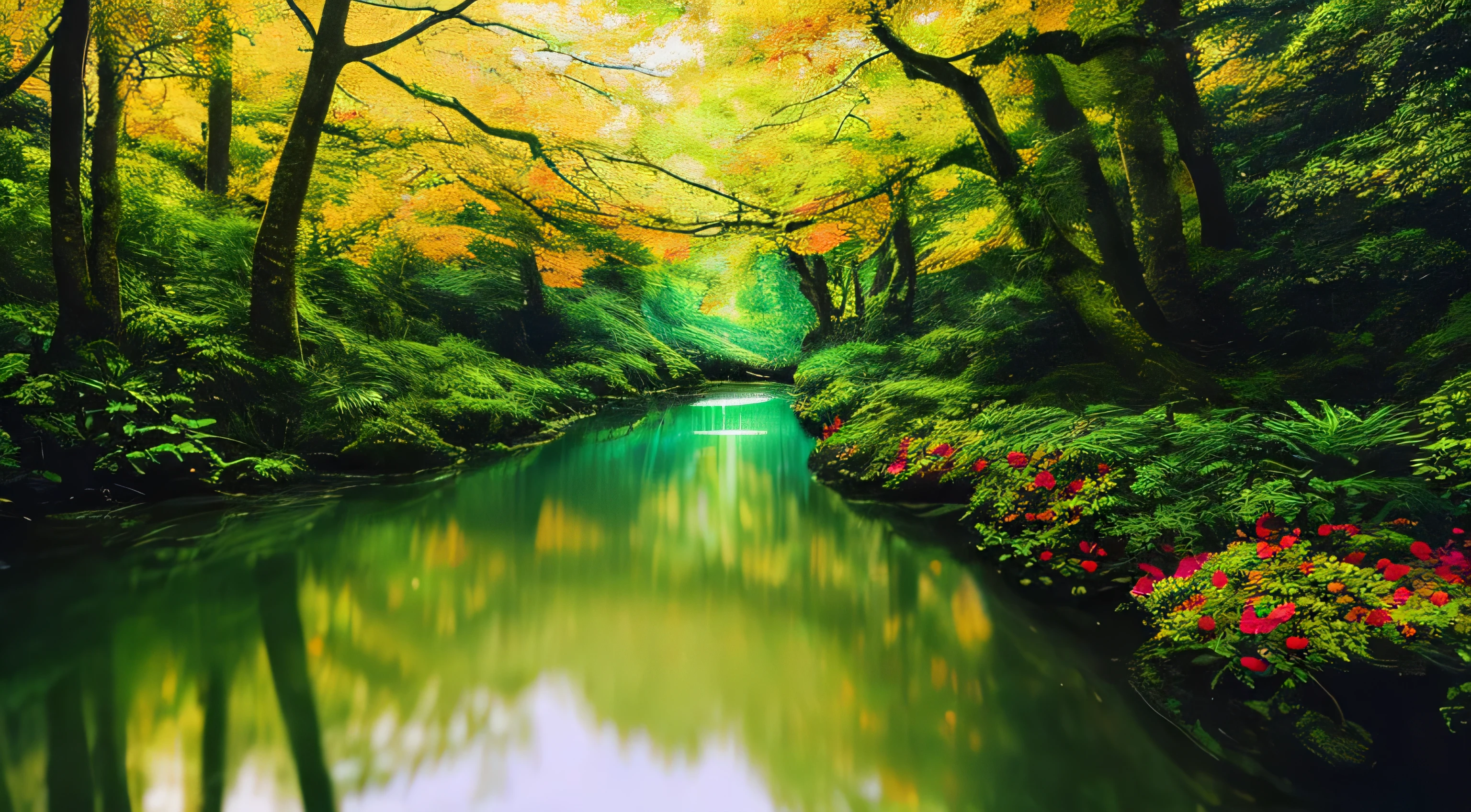 Tabletop, 最high quality, high quality, Very detailed 8k wallpaper of CG unit, Fascinating and dreamy scenes of the forest of illusions, There are tall trees, Mountain landscape, waterfall, Creates a sense of mystery and fascination, Artistic Station, digital illustration, Complex, trend, pastel colour, oil, Award-winning photo, Depth of written boundary, beautiful flower々, chromatic aberration, Realistic, Very detailed, Art Station trends, cgsociety trend, Complex, Attention to detail, dramatic, Art on the go, Lush foliage, Sparkling water reflections,Colorful flowers、