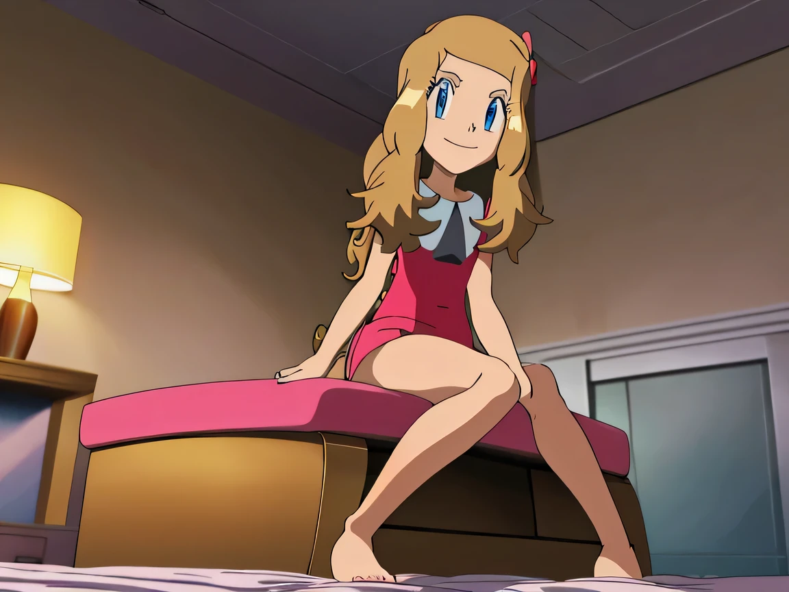 masterpiece, best quality, highres, in a living room, depth of field, 1girl, solo, serena (pokemon), seductive, underwear, looking at viewer, bare legs curled under, bare feet, side, seated on bed, closed mouth, smiling.