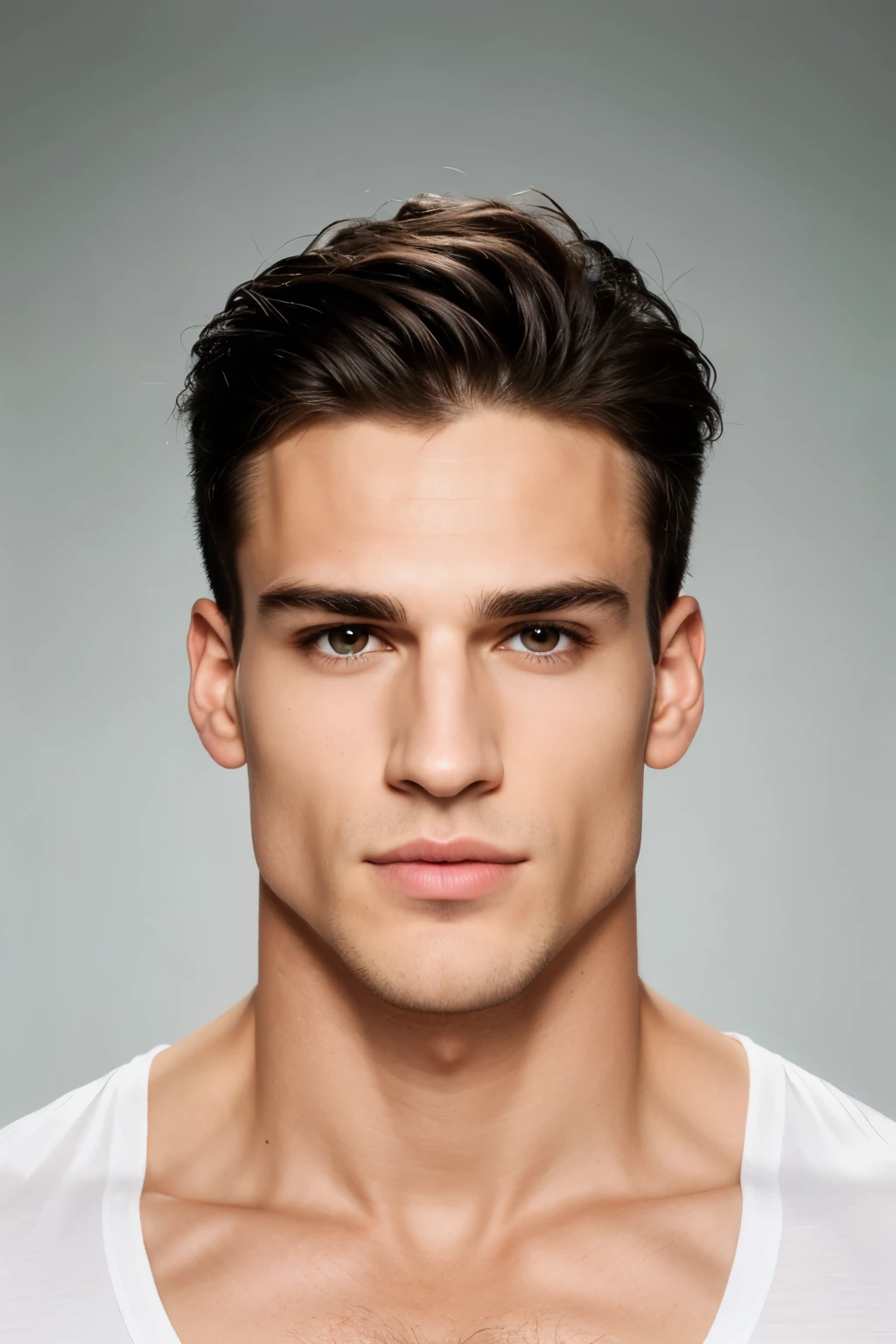 Half body shot of a man with very nice chiseled jaw and chest, big biceps, perfect face model, with symmetrical facial features, attractive facial features, perfect face, flawless face, perfect facial features, clean perfect symmetrical face, richly defined face, clean beautiful symmetrical face, attractive symmetrical face, perfect face and eyes