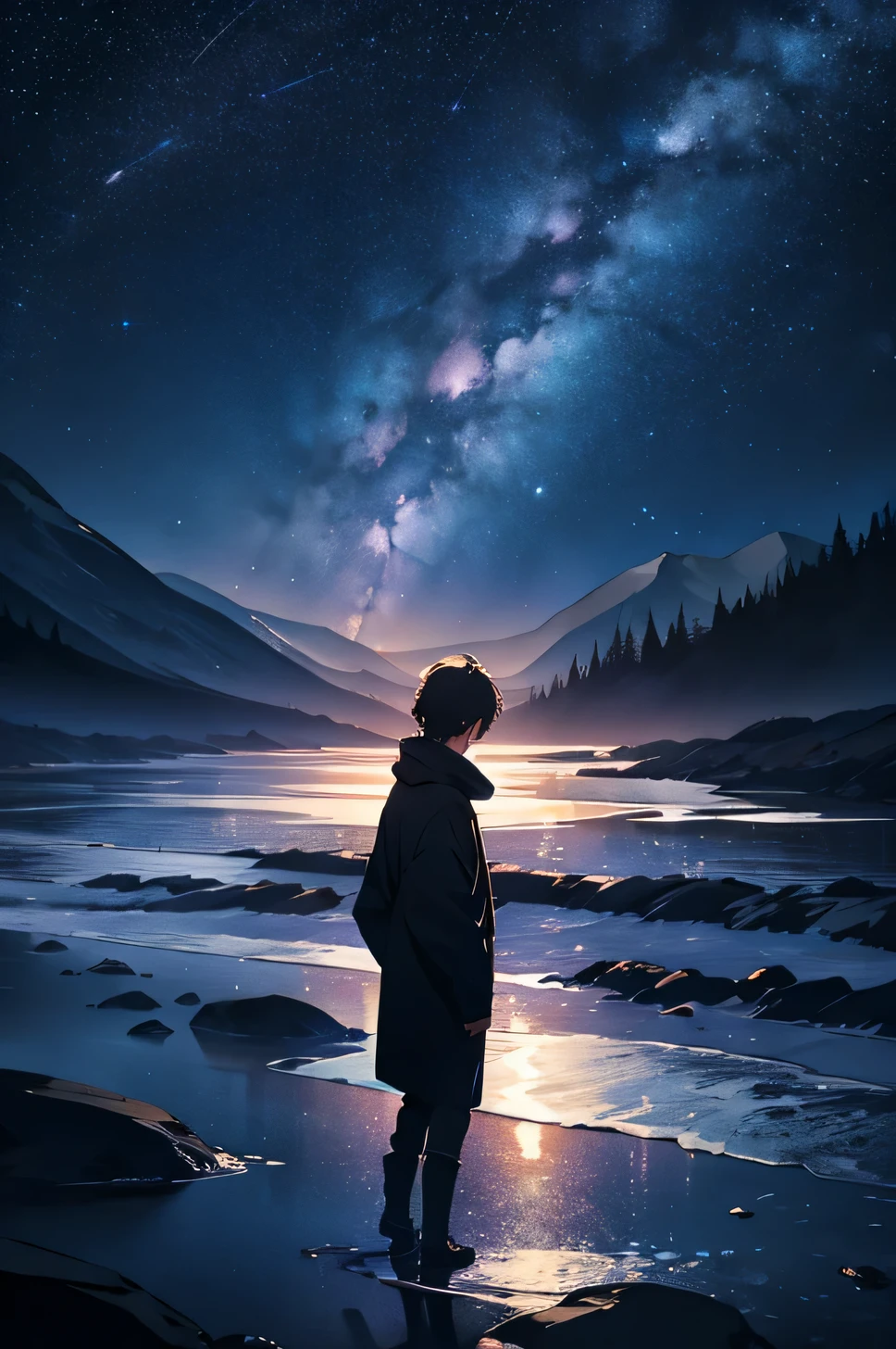 An man observing the stars on a melancholic night,sketch,detailed stars,dreamy atmosphere,starry night,pensive mood,moonlight,reflective,feeling small under the vast night sky,majestic celestial bodies,loneliness,contemplation,lonesome silhouette,[sketch:0.9]，[moody:0.9]，[peaceful:0.9]，[distant landscape]，[sorrow:0.9]，[moonlight:1.2]，[calming:1.1]，[hauntingly beautiful]，[silhouette]，[nightscape]，[gentle breeze]，[serene]，[tranquil]，[intimate connection]，[starstruck]，[endless vastness]，[hypnotic:0.9]，[stargazing:1.1]，[mysterious:0.9]，[whispering universe]，[cosmic embrace]，[wishing upon a star]，[peace of mind]，[lonely:0.9]，[philosophical]，[contemplative]，[transcendent]，[pathetic fallacy]，[deep thoughts]，[quiet reflection]，[quiet night]，[sparkling skies]，[starlit abyss]，[ethereal:1.1]，[twinkling]，[silent beauty]，[distant galaxies]，[luminous]，[starry-eyed]。