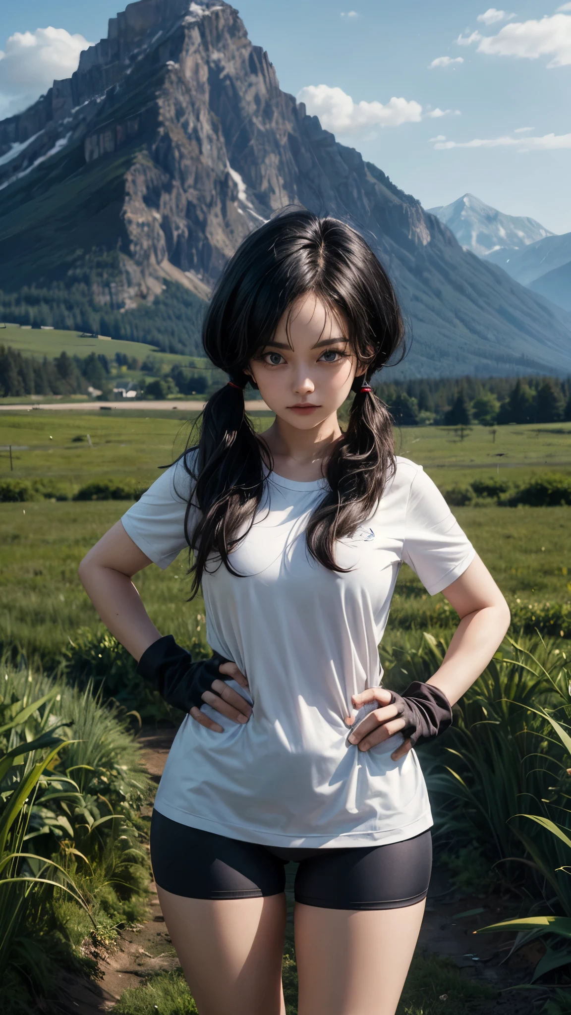 videl, blue eyes, long black hair, twintails,long white shirt, short sleeves, black fingerless gloves, black bike shorts, looking at viewer, serious, standing, hands on hips, outside, field, mountain, grass, winter, sunny, high quality, masterpiece,  large breasts, thick thighs, curvy hips 