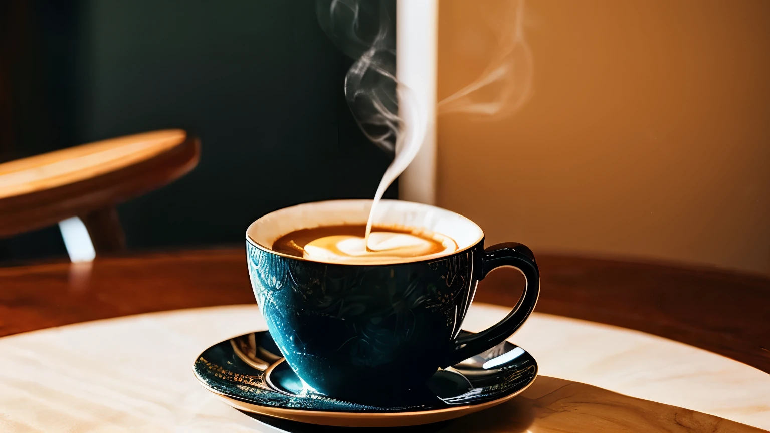 there is a cup of coffee on a saucer on a table, cup of coffee, coffee cup, morning coffee, Highly detailed VFX espresso, hot coffee, steaming coffee, Exploitable Images, Soft - Warm, drinking a cup of coffee, cappuccino, coffee smell, drinking a coffee, Next to the cup, drink more coffee, made with photoshop, coffee cups, coffee