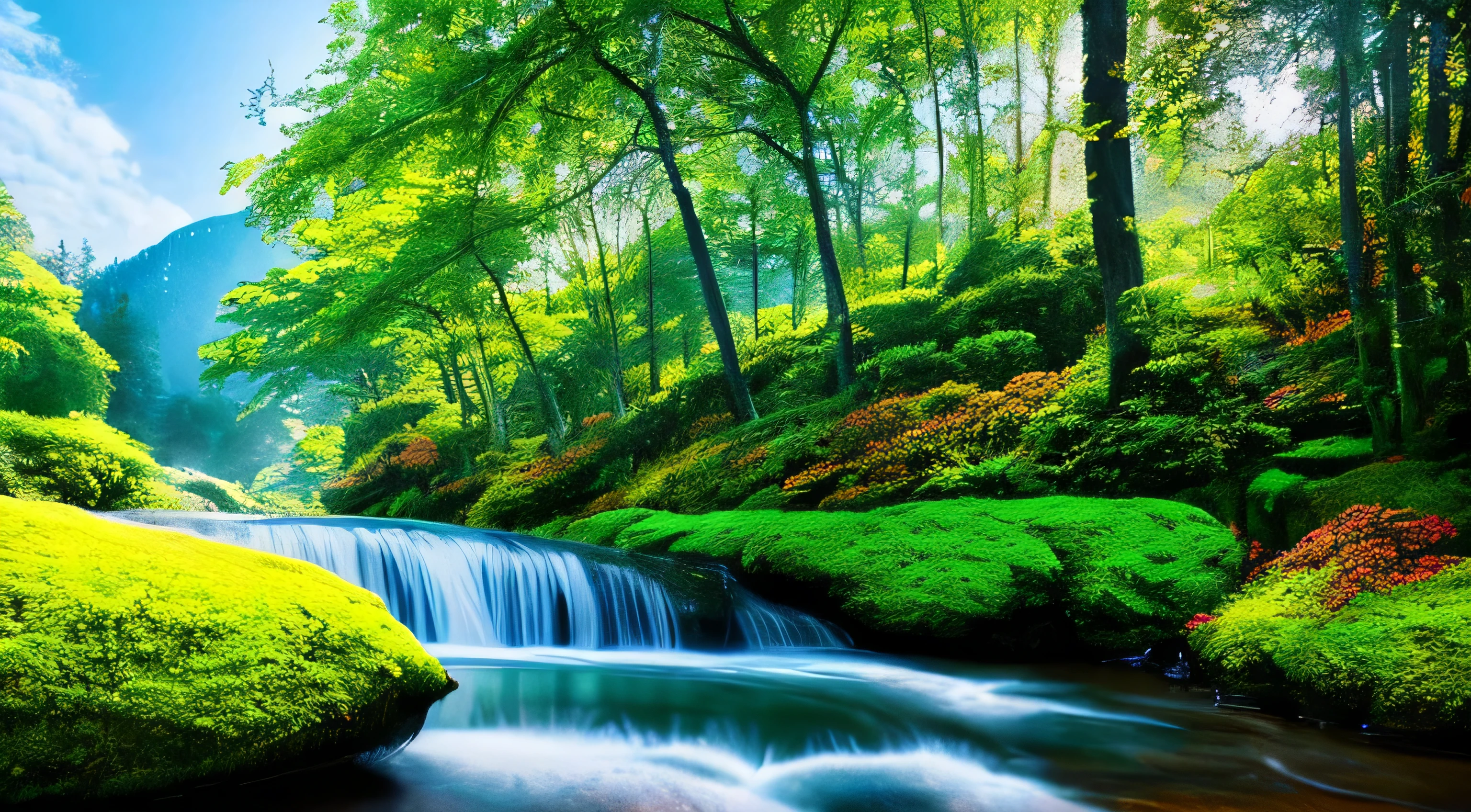 Tabletop, 最high quality, high quality, Very detailed 8k wallpaper of CG unit, Very colorful flowers々、Fascinating and dreamy scenes of the forest of illusions, There are tall trees, Mountain landscape, waterfall, digital illustration, Complex, trend, pastel colour, oil, Award-winning photo, Depth of written boundary, chromatic aberration, Realistic, Very detailed, Art Station trends, cgsociety trend, Complex, Attention to detail, dramatic, Art on the go, Lush foliage, Sparkling water reflections,