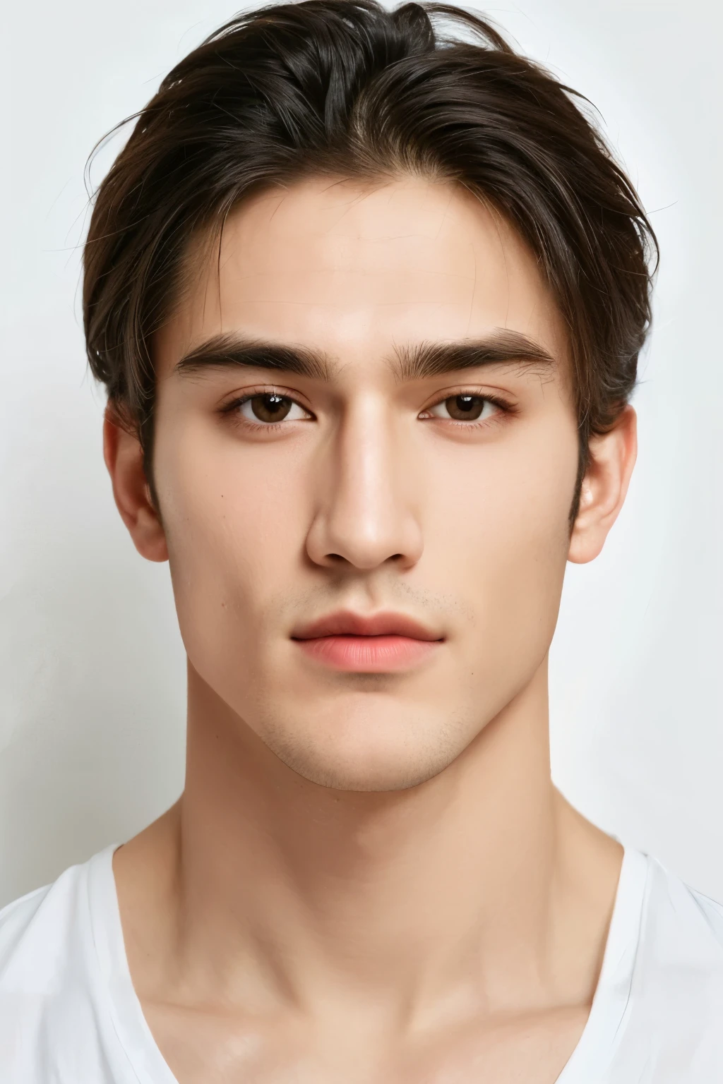 Half body shot of a man with very nice chiseled jaw and chest, big biceps, perfect face model, with symmetrical facial features, attractive facial features, perfect face, flawless face, perfect facial features, clean perfect symmetrical face, richly defined face, clean beautiful symmetrical face, attractive symmetrical face, perfect face and eyes
