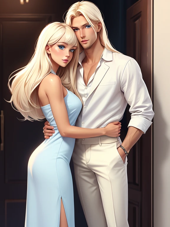 tall, handsome, statuesque, masculine, athletic young man is platinum blonde, he has tanned skin, blue eyes, long straight white hair, long bangs, he is dressed in light linen trousers and a linen shirt kissing an incredibly beautiful young woman with long golden hair, long bangs, blue eyes, dressed in a light summer dress. They're in love. Romance. A masterpiece. Full-length image. Detailed drawing of the face. Masterpiece, perfect drawing, realistic drawing, full-length drawing, detailed study, 8k. full-length image, realistic image, dynamic image, detailed image. an extremely detailed illustration, a real masterpiece of the highest quality, with careful drawing. anime style.