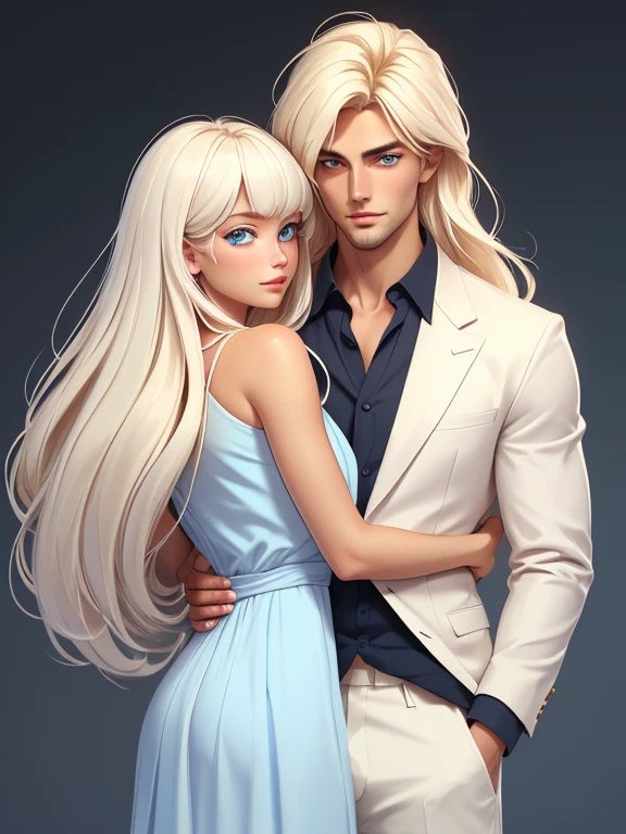 tall, handsome, statuesque, masculine, athletic young man is platinum blonde, he has tanned skin, blue eyes, long straight white hair, long bangs, he is dressed in light linen trousers and a linen shirt kissing an incredibly beautiful young woman with long golden hair, long bangs, blue eyes, dressed in a light summer dress. They're in love. Romance. A masterpiece. Full-length image. Detailed drawing of the face. Masterpiece, perfect drawing, realistic drawing, full-length drawing, detailed study, 8k. full-length image, realistic image, dynamic image, detailed image. an extremely detailed illustration, a real masterpiece of the highest quality, with careful drawing. anime style.