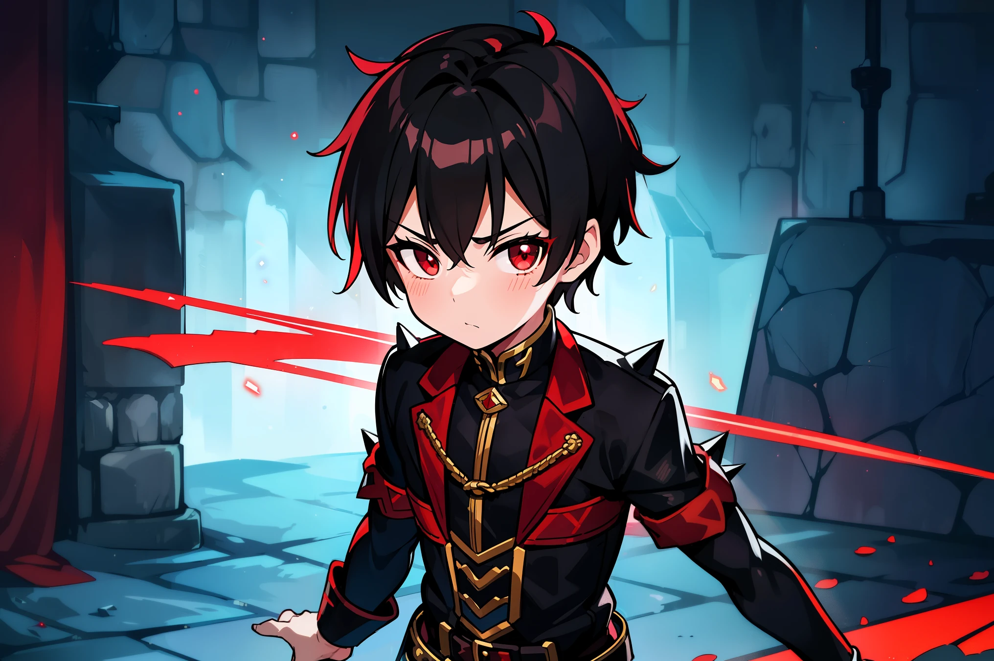 ((shota)), (( boy)), short black spiky hair. red highlights, red eyes. black dancer clothes, (inside fantasy tavern), ((standing)), up close, Very good figure, extremely detailed, cinematic lighting, volume lighting, masterpiece, best quality