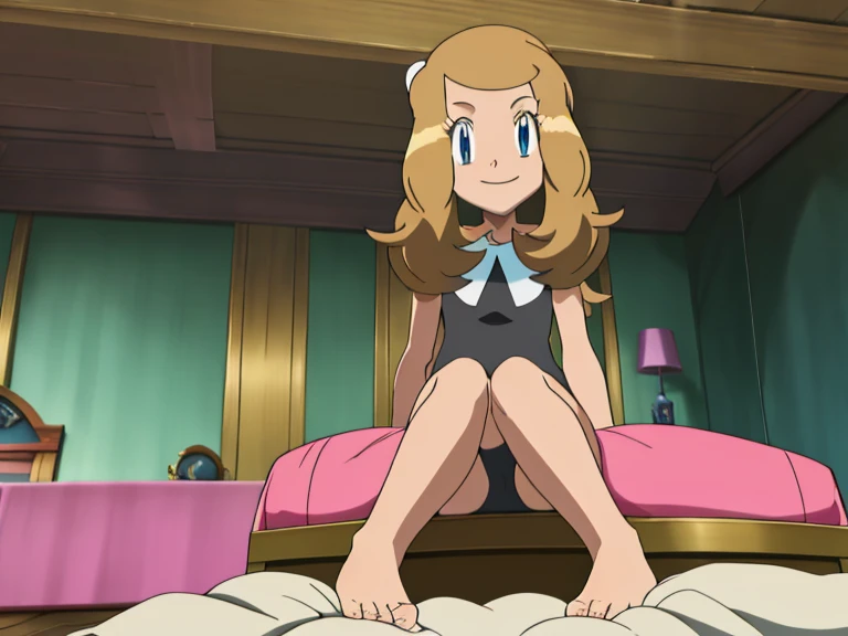 masterpiece, best quality, highres, in a living room, depth of field, 1girl, solo, serena (pokemon), seductive, underwear, looking at viewer, bare legs curled under, bare feet, side, seated on bed, closed mouth, smiling.