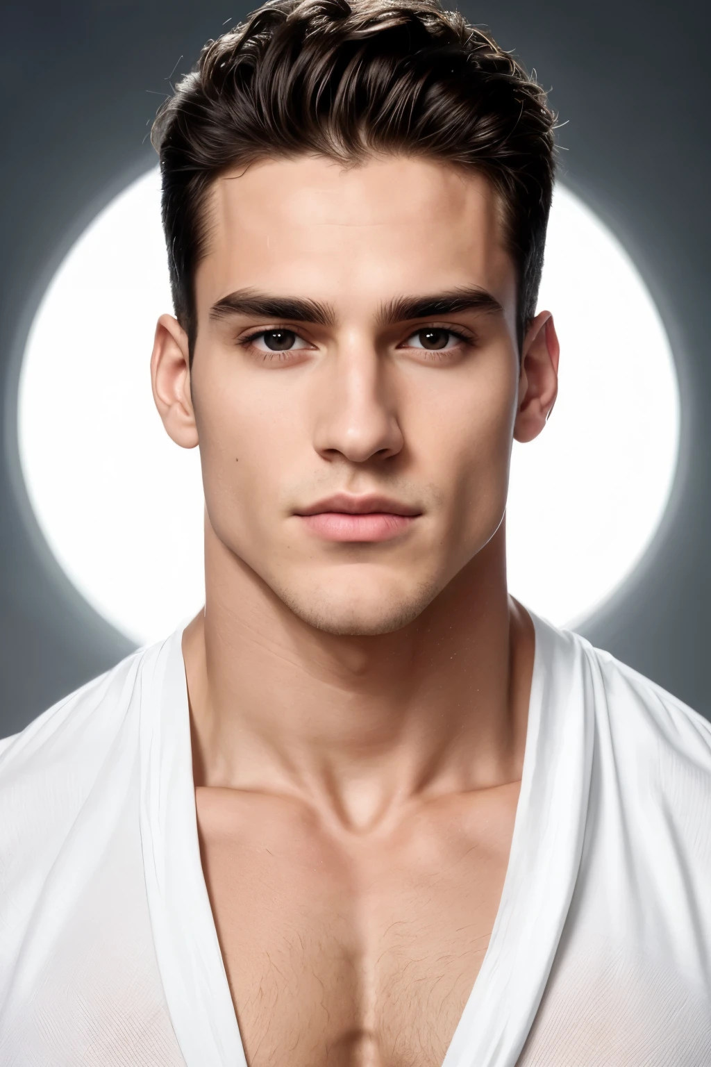 photo in raw, photo essay, fashion photography, male model, queer, soft earthy makeup, earthy eye shadow, brazilian man, south american man, light eyes, fabric as background, fashion, beauty editorial, glitter, illuminated background, shirtless, diffused light, whole body, portrait plane, black and white, realistic, high quality, sony a7iii, 8k, lens 16 mm 2.4, Soft Black Mist Filter