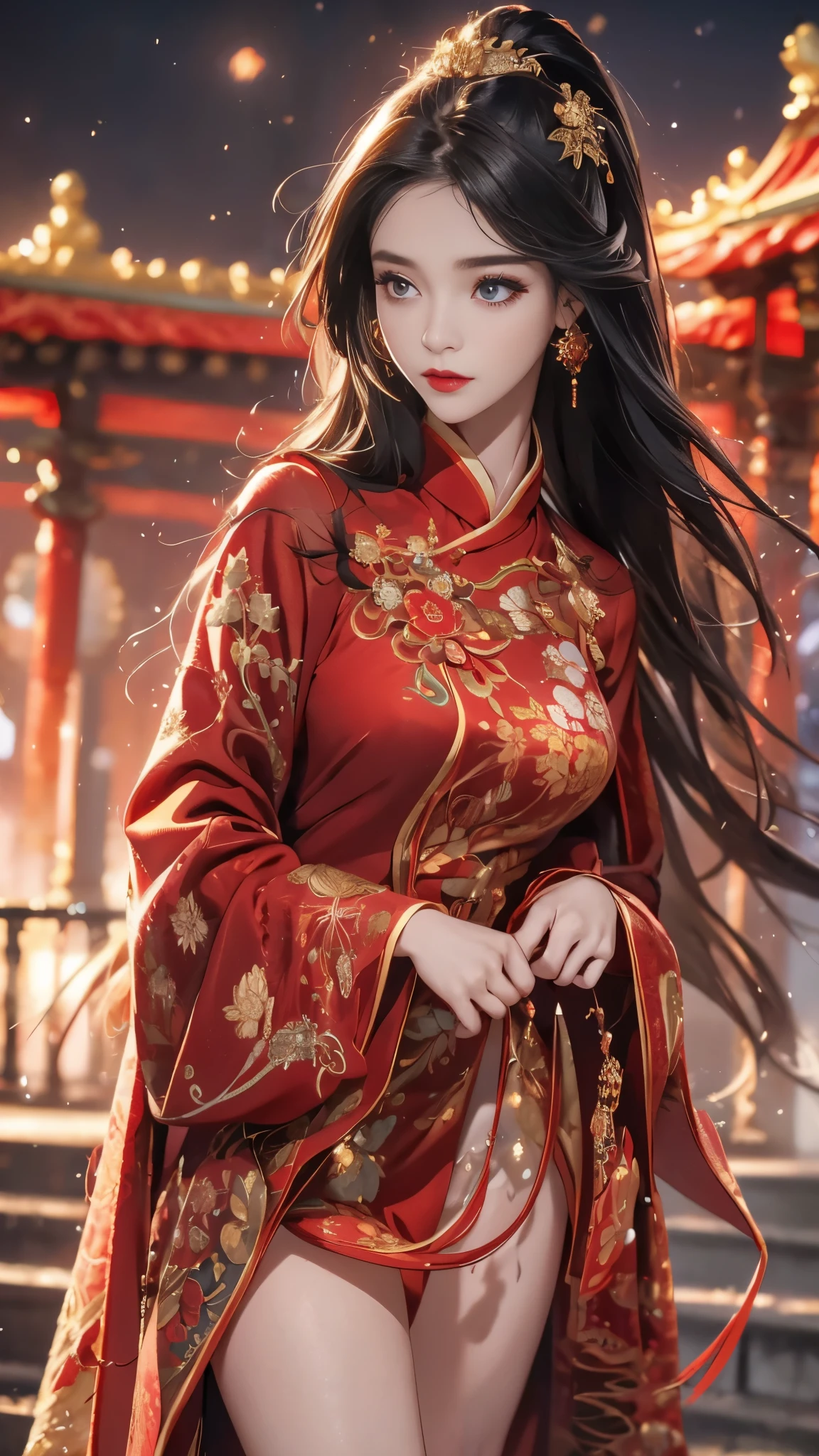 1 female，20 years old，center， She has long black hair，Red lips，Perfect thighs，(Keep your eyes on the camera)，stand up，night，ancient pavilion，imperial palace，From the front， curls， Gloomy sky，（（（masterpiece），（Highly detailed CG Unity 8k wallpaper），best quality，Movie Lighting，Detailed background，Beautiful right eye pupil，（Very delicate and beautiful），（Beautiful and detailed description of the eyes），Extremely detailed，masterpiece，）），high resolution，Extremely detailed），queen of china（apparel：，Gold wire embroidery，Red cheongsam，Lace，Red cape），
