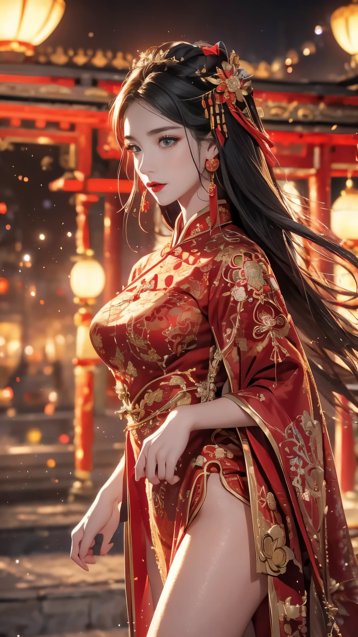 1 female，20 years old，center， She has long black hair，Red lips，Perfect thighs，(Keep your eyes on the camera)，stand up，night，ancient pavilion，imperial palace，From the front， curls， Gloomy sky，（（（masterpiece），（Highly detailed CG Unity 8k wallpaper），best quality，Movie Lighting，Detailed background，Beautiful right eye pupil，（Very delicate and beautiful），（Beautiful and detailed description of the eyes），Extremely detailed，masterpiece，）），high resolution，Extremely detailed），queen of china（apparel：，Gold wire embroidery，Red cheongsam，Lace，Red cape），
