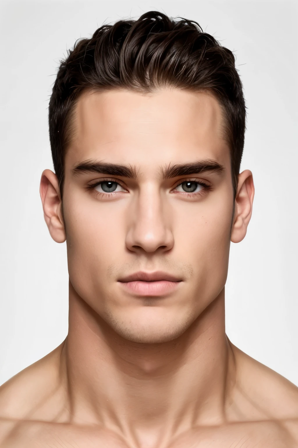 Half body shot of a man with very nice chiseled jaw and chest, big biceps, perfect face model, with symmetrical facial features, attractive facial features, perfect face, flawless face, perfect facial features, clean perfect symmetrical face, richly defined face, clean beautiful symmetrical face, attractive symmetrical face, perfect face and eyes