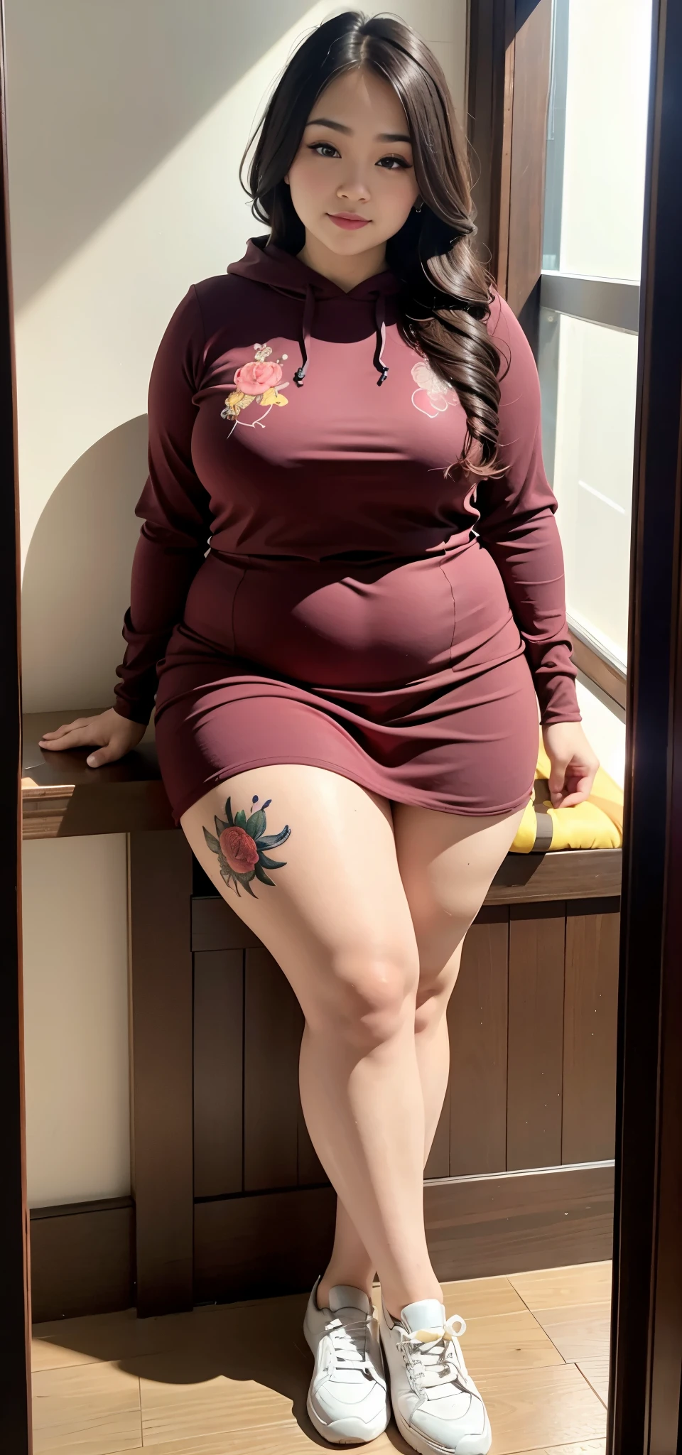 there is a woman sitting down with a longest brown hair, bbwchan, thicc, brown hijab outfit, brown hairstyle model, korean girl, korean woman, wearing brown robe, full length shot, alluring plus sized model, japanese goddess, clothed in hooded, voluptuous and arousing, portrait shot, curvy model, voluptuous body, wonderful, nene tanaka body , bbwchan, The overall atmosphere is smooth , haunting illustrations, extremely high-resolution details, photographic, realism pushed to extreme, fine texture, 4k, ultra-detailed, high quality, high contrast, red sneakers , cold atmosphere ,, cold atmosphere ,, ((Detailed texture of tattooed skin)), tattoo round breasts, irezumi tattoo style, tattoo on breasts, tttattoo, showing her thigh , tattoo on thigh, a close up of a woman with tattoos on her body, inked, tattooed body, fully tattooed body, tattooed, full-body tattoos, full - body tattoos, , full body tattoo, with tattoos, , tattoos, tattoos all over the skin, tattoos and piercings, ((Neka: 0.45)) LoRA, {{Big Brother's Tattoo Woman Iremuzi Tattoo Style V1.0: 0.91}},, ((BohoAI v1.0 : 0.45))