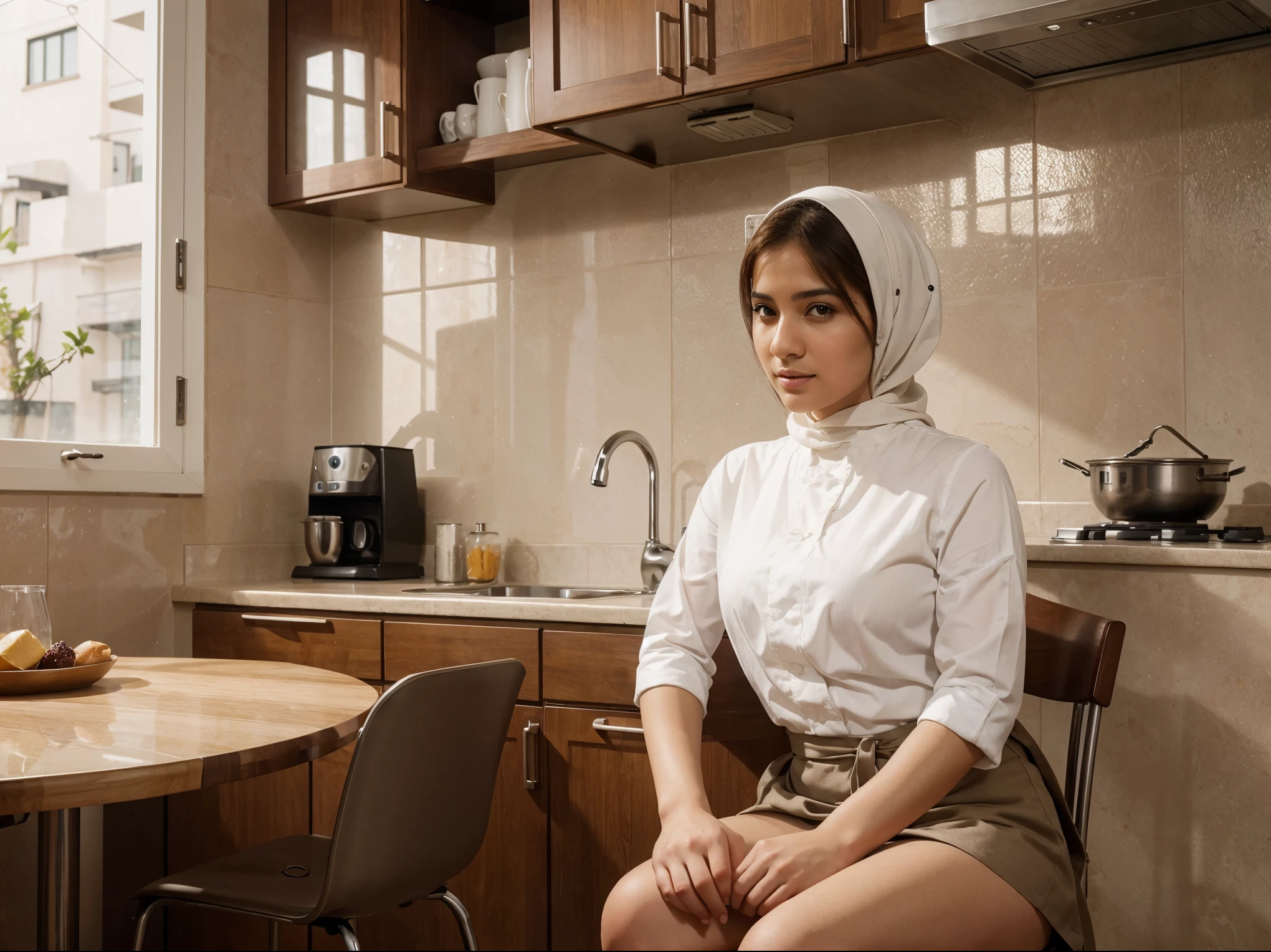 Maater piece, best quality, high resolution, realistic,Beautiful moslem women, sitting on chair, with kitchen background,