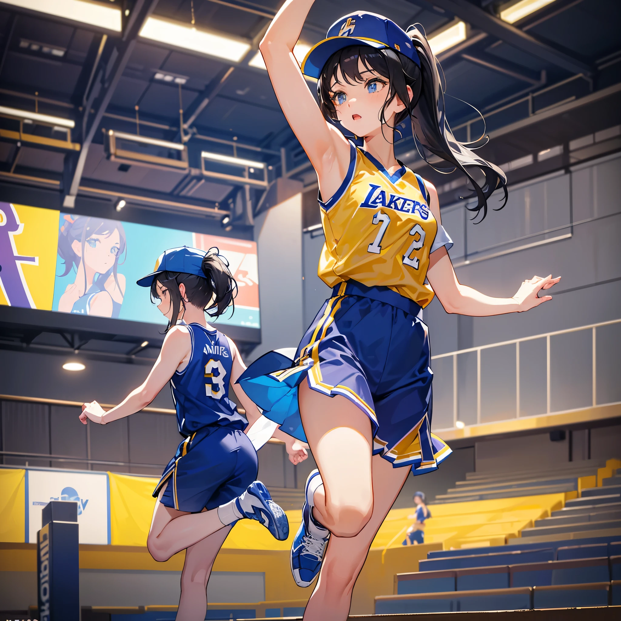 best quality, masterpiece, 4K, best lighting, low angle view, bokeh background, 1girl with short ponytail, black hair, Perfect face, Brave face, use blue cap, yellow basketball uniform from Lakers #12, at indoor basketball stadium, lift her arm with basketball, she is jump, white Nike shoes