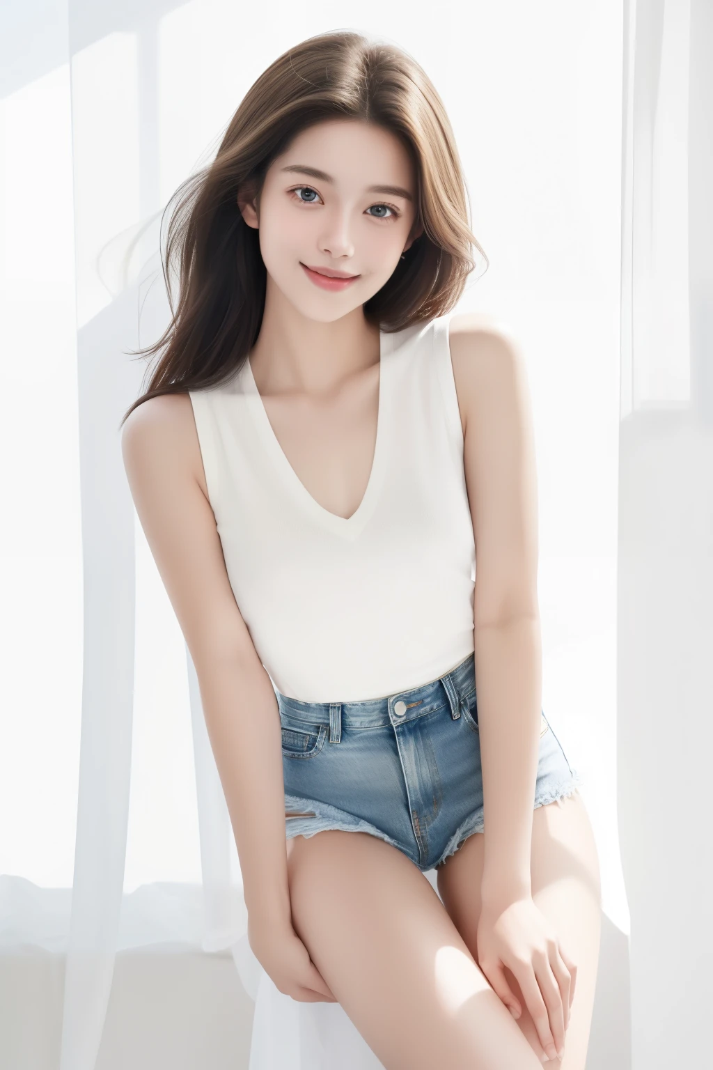 Masterpiece of a girl radiating joy, wearing a pristine white vest and denim shorts, revealing a well-defined chest, her smile beaming brightly as she locks eyes with the camera, captured in authentic, high-resolution real photos. (best quality: 1.5, 8k: 1.6, photorealistic: 1.4, close-up: 1.2) The vest, fresh and untouched, contrasts beautifully with the worn-in denim shorts, adding a playful yet sophisticated touch to her outfit. Her posture is elegant, with one crossed leg revealing the slight curve of her hip, accentuating her femininity. The soft lighting