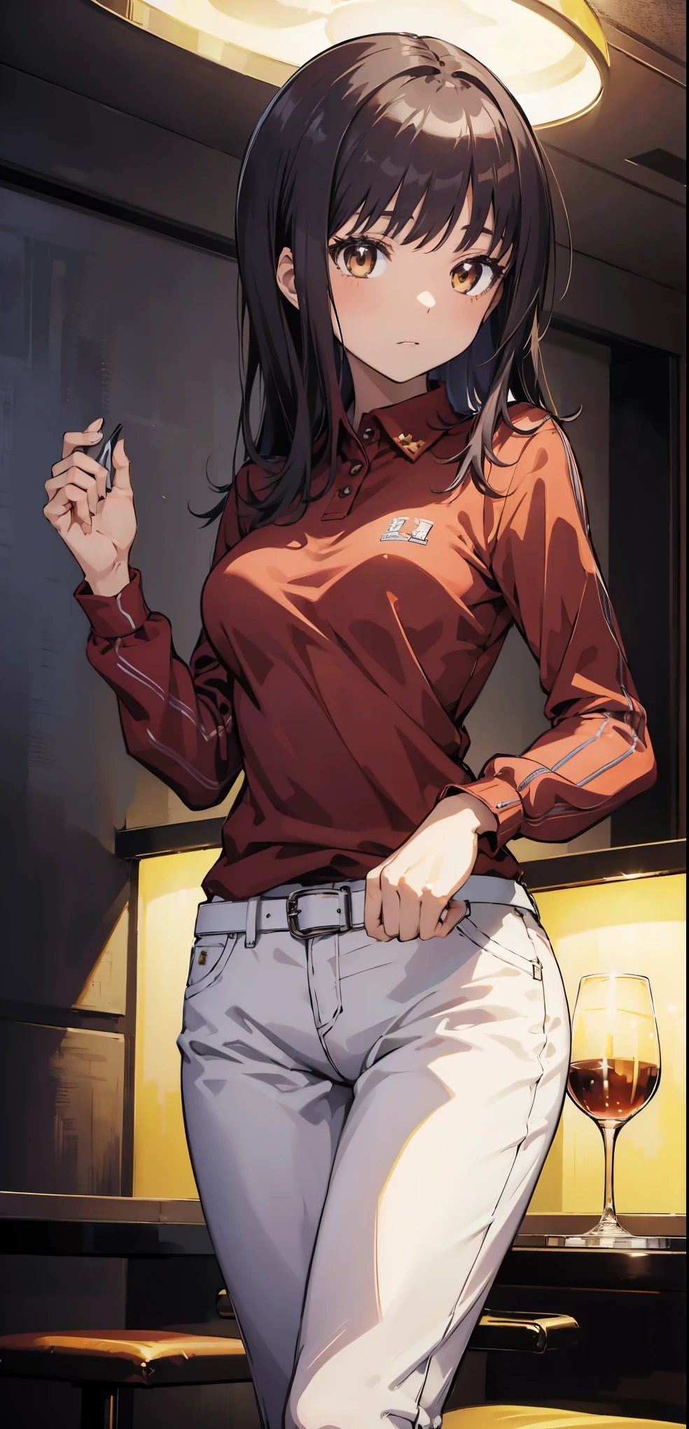 Official Art, Very detailed, masterpiece, highest quality, 1 female, (Very detailed)、7 heads、Hotel Suite、hot pants、Tight polo shirt、boyish、Cowgirl Shot、cowgirl;1.0、Bright colors、Bright room、