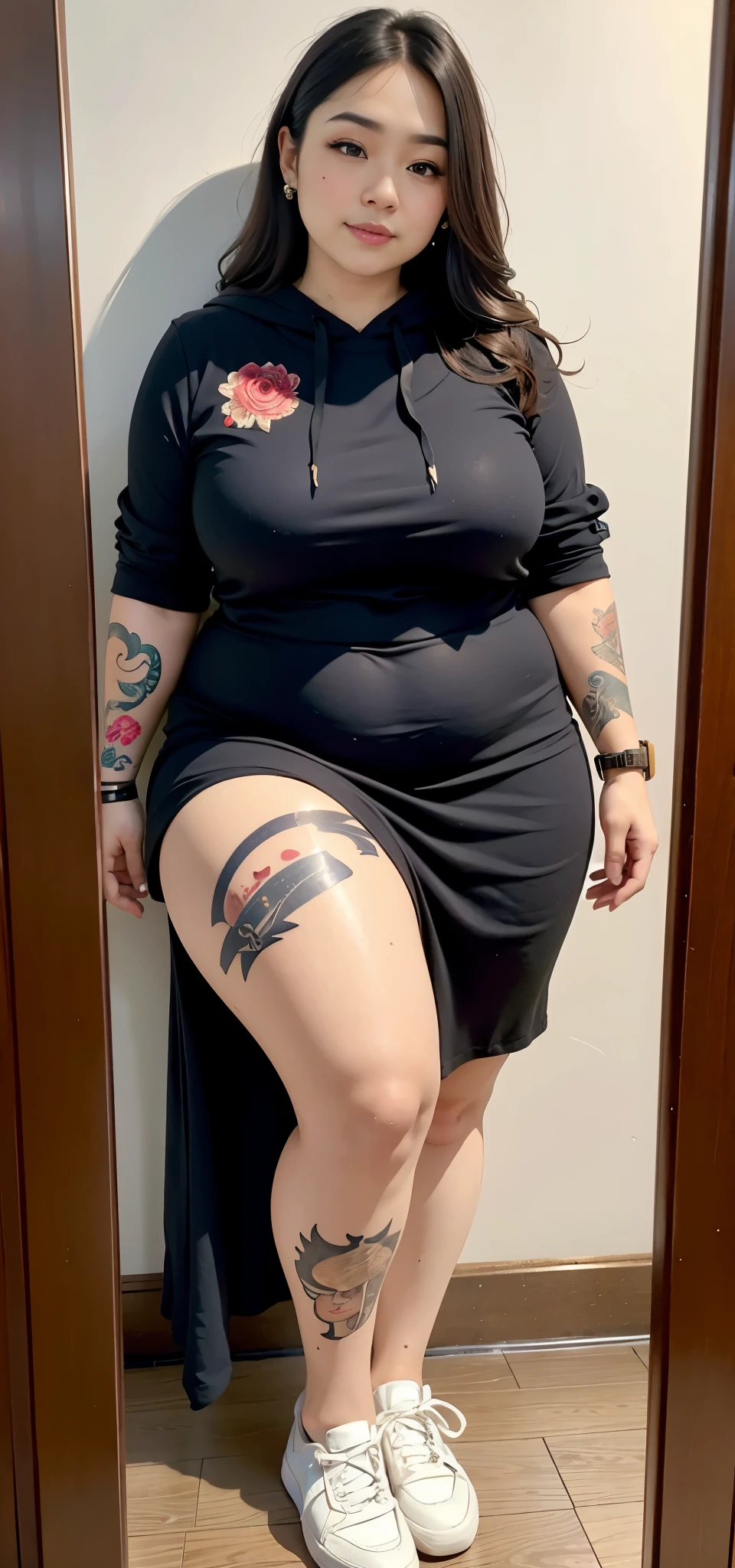 there is a woman sitting down with a longest brown hair, bbwchan, thicc, brown hijab outfit, brown hairstyle model, korean girl, korean woman, wearing brown robe, full length shot, alluring plus sized model, japanese goddess, clothed in hooded, voluptuous and arousing, portrait shot, curvy model, voluptuous body, wonderful, nene tanaka body , bbwchan, The overall atmosphere is smooth , haunting illustrations, extremely high-resolution details, photographic, realism pushed to extreme, fine texture, 4k, ultra-detailed, high quality, high contrast, red sneakers , cold atmosphere ,, cold atmosphere ,, ((Detailed texture of tattooed skin)), tattoo round breasts, irezumi tattoo style, tattoo on breasts, tttattoo, showing her thigh , tattoo on thigh, a close up of a woman with tattoos on her body, inked, tattooed body, fully tattooed body, tattooed, full-body tattoos, full - body tattoos, , full body tattoo, with tattoos, , tattoos, tattoos all over the skin, tattoos and piercings, ((Neka: 0.45)) LoRA, {{Big Brother's Tattoo Woman Iremuzi Tattoo Style V1.0: 0.91}},, ((BohoAI v1.0 : 0.45))