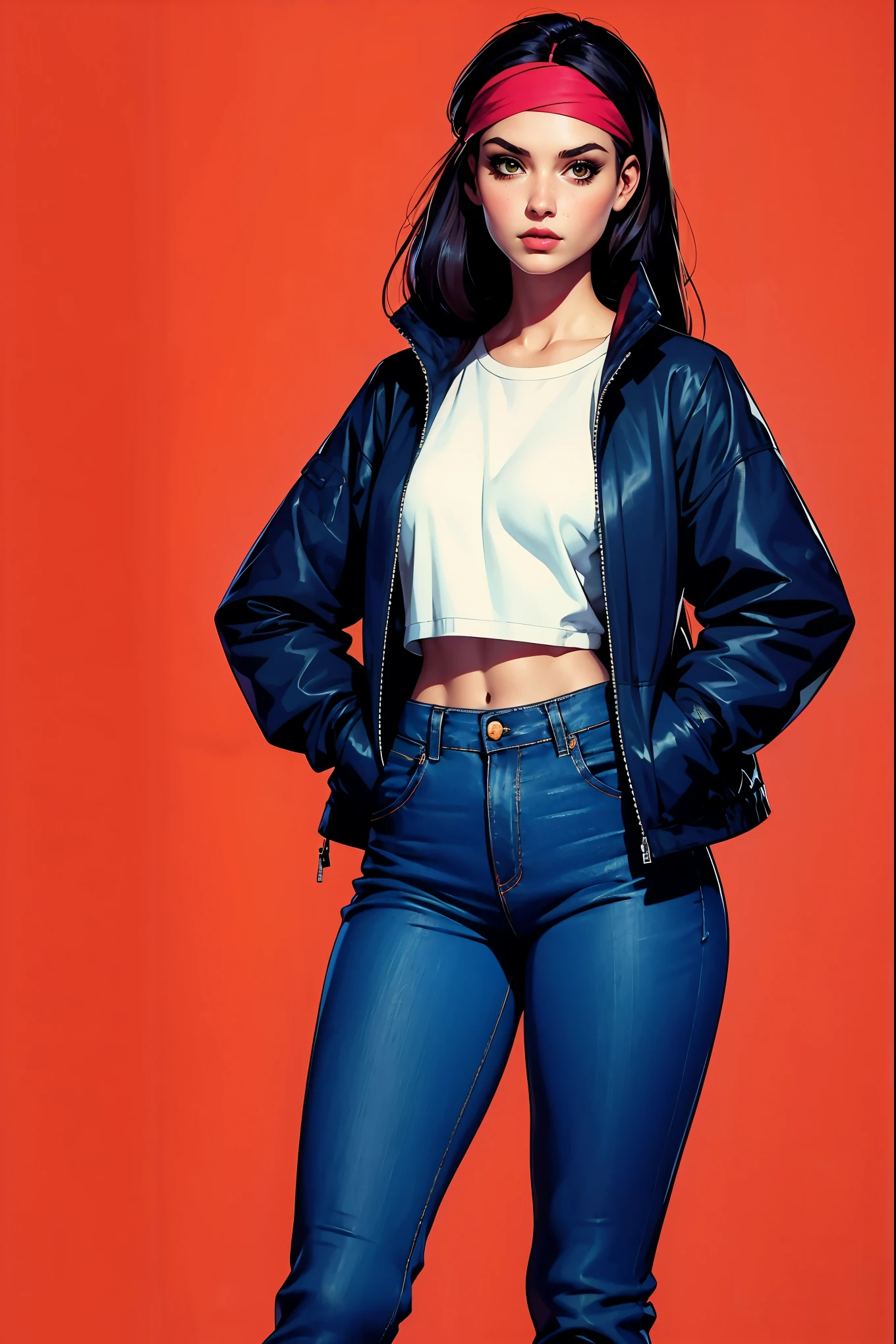 A girl in jeans, jacket, headband, hands in pockets, ((straight hair)), (wide hips), comic retro style, (masterpiece, best quality:1.2), simple background
