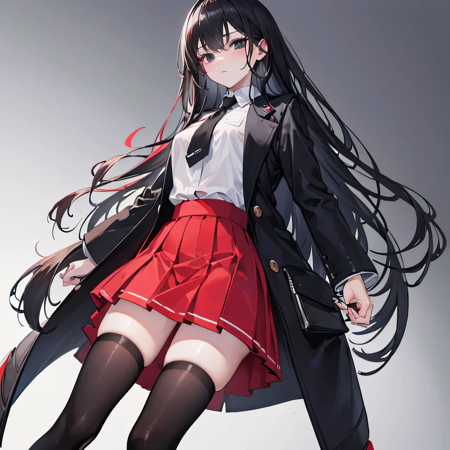 ((best quality)), ((masterpiece)), (detailed), perfect face, black long hair, black eyes, white shirt, with jacket, big chest, red skirt, thighhighs, black shoes, dead pan look