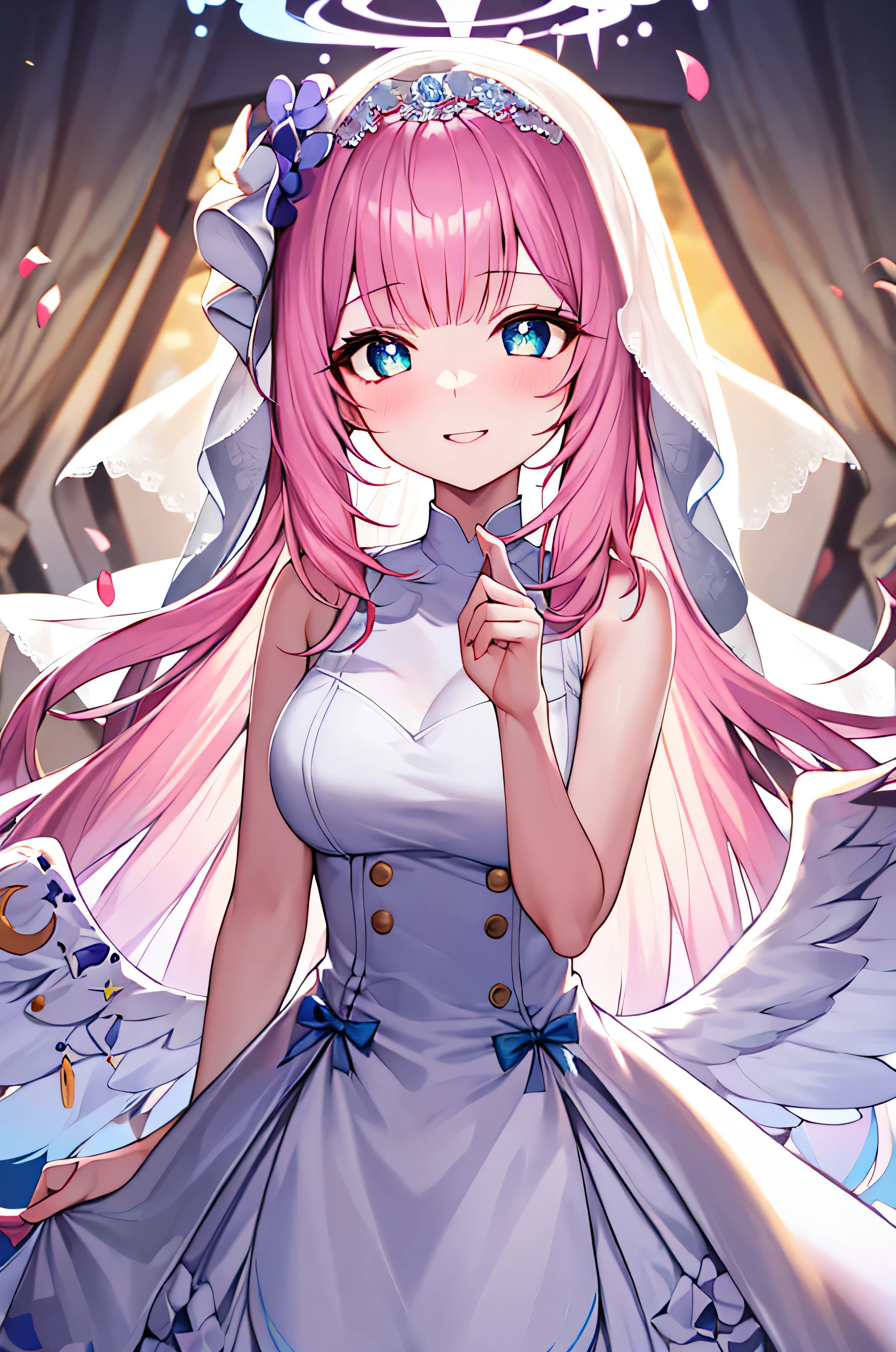 masterpiece, best quality, high resolution, unified 8k wallpaper, Pink Hair, 1 girl, Headband, Long hair, wedding dress, mini skirt, wedding_veil, , bouquet, Sea of Flowers, Cowboy shooting, Looking at the audience, grassland,fluttering petals,Smile,Medium bust,(Beautiful and delicate eyes:1.6), Extremely detailed face, Perfect lighting, Extremely detailed CG, (Perfect hands, Perfect anatomical structure),