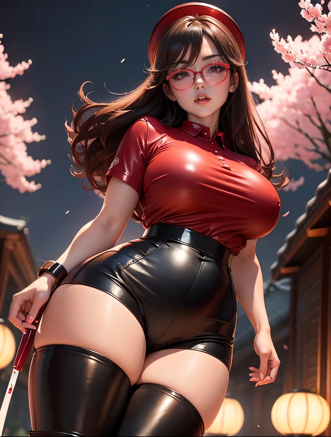 Chinese idol girl Brown Hair Bright red rouge lips Chubby Plump ((Rimless glasses)) Large Breasts Super big boobs Big eyes SakuraFubuki ((Polo shirt)) ((Leather hot pants)) ((Knee-high boots)) 8K Drawn from below Low - Angle Cherry blossoms in full bloom at night たくさんのSakuraFubuki