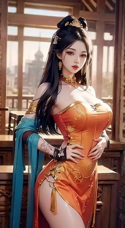 （from outside） ， many colors，best quality，masterpiece，realistic photos，Intricate details，RAW photos，court，Gorgeous cheongsam，Extra-long hair，Off-shoulder，Delicate face，露出Cleavage，(Huge sagging breasts、Cleavage,))，cleveage、, Thick thighs,Perfect body decoration，Perfect fingers，anatomically correct，(The room is very big，0.8)，Shiny skin，Hands on hips