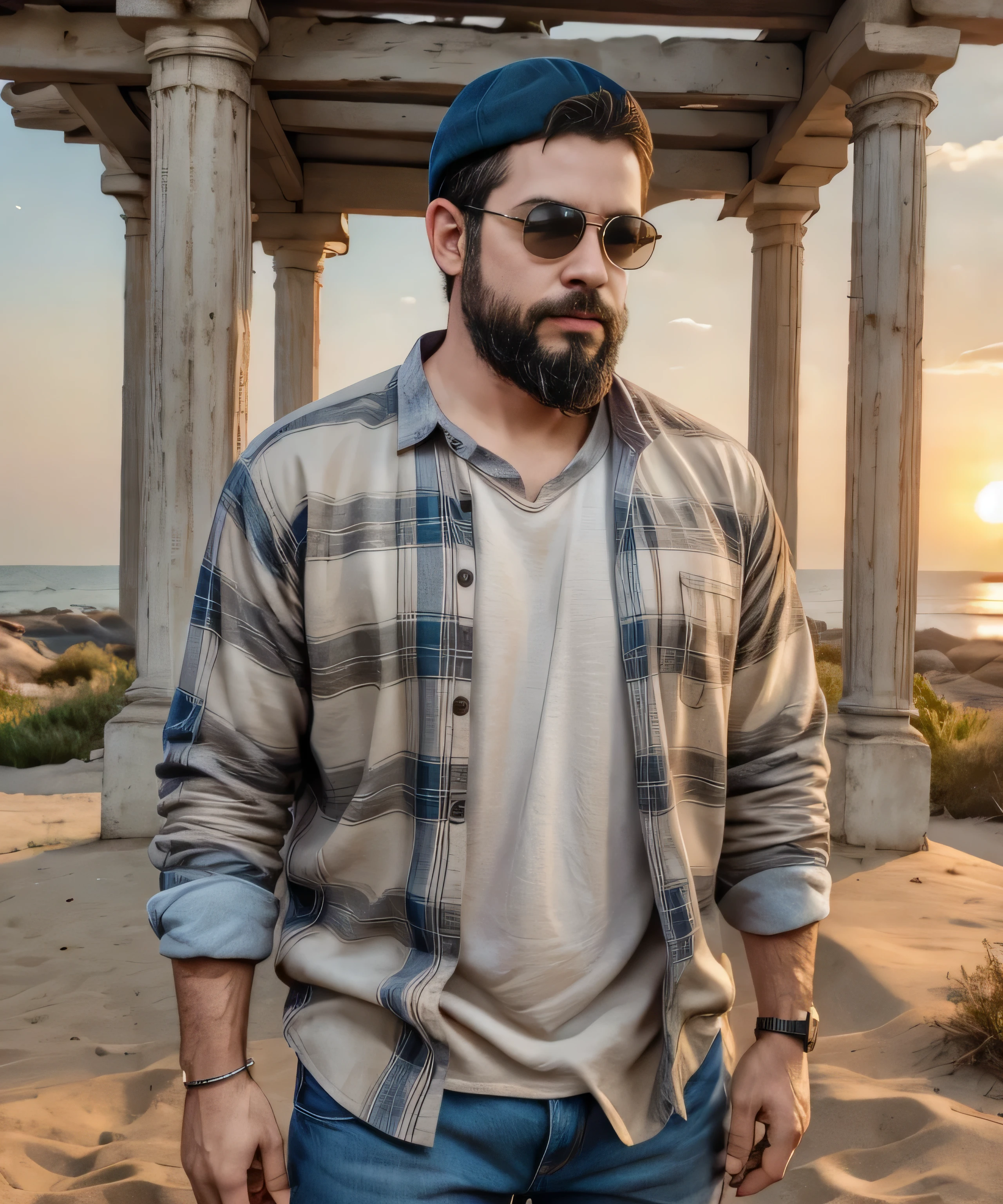 Obra maestra, desenfoque de campo, Parte superior del cuerpo, hands in pants pockets , 38 year old man with beard , gorra y lentes oscuros . Chubby man wearing a plaid shirt in a Netflix drug trafficking series with a sunset in the background.