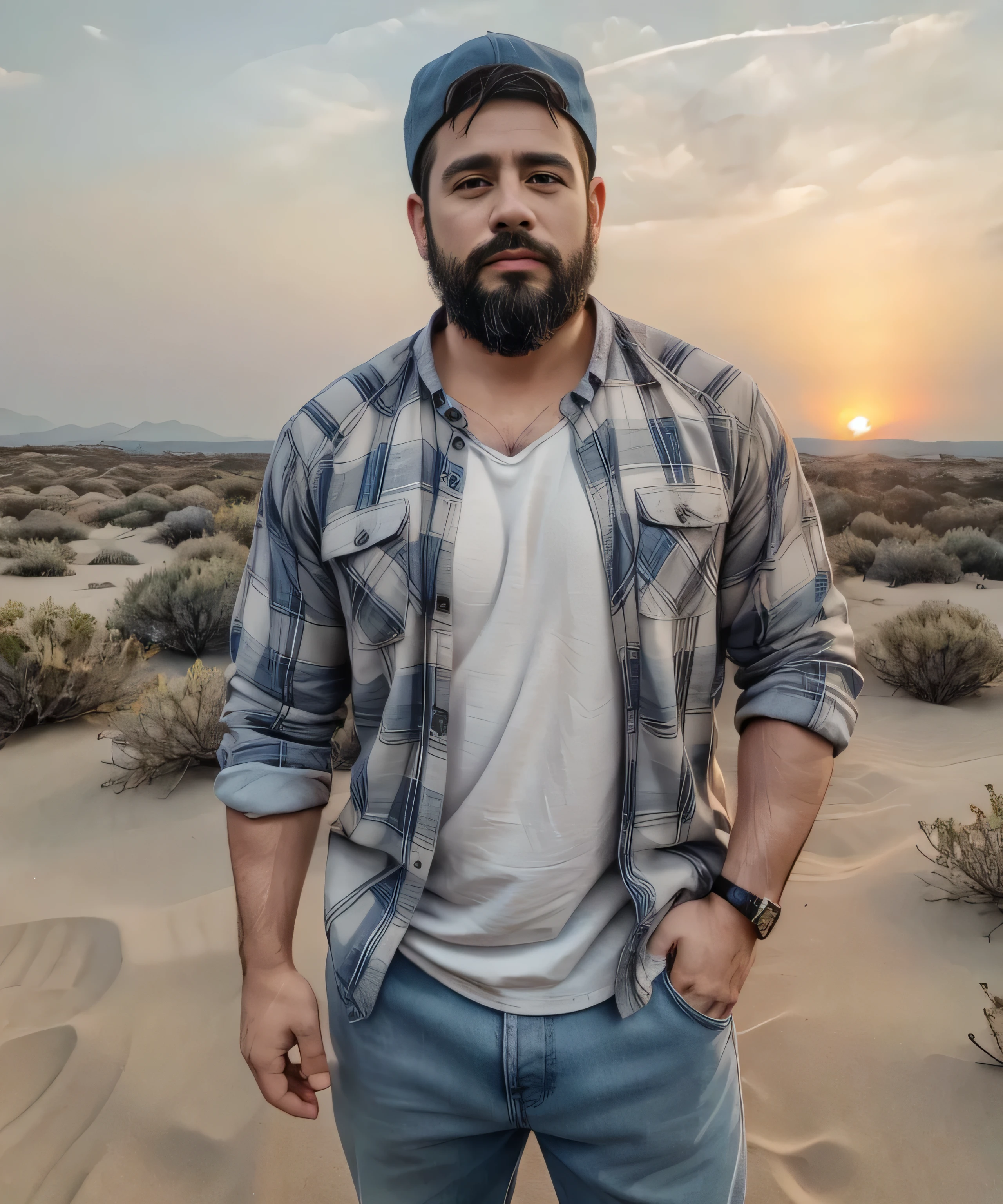 Obra maestra, desenfoque de campo, Parte superior del cuerpo, hands in pants pockets , 38 year old man with beard , gorra y lentes oscuros . Chubby man wearing a plaid shirt in a Netflix drug trafficking series with a sunset in the background.