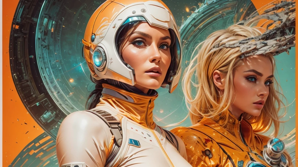 arafed image of a white woman in a futuristic suit with a spaceship in the background, movie art, in front of an orange background, inspired by Robert McGinnis, female protagonist, megastructure in the background, portrait of an ai astronaut, astronauts, an astronaut, portrait of a astronaut skeletor, perfect android girl, detailed eyes, perfectly detailed teeth, frank franzzeta and sakimichan