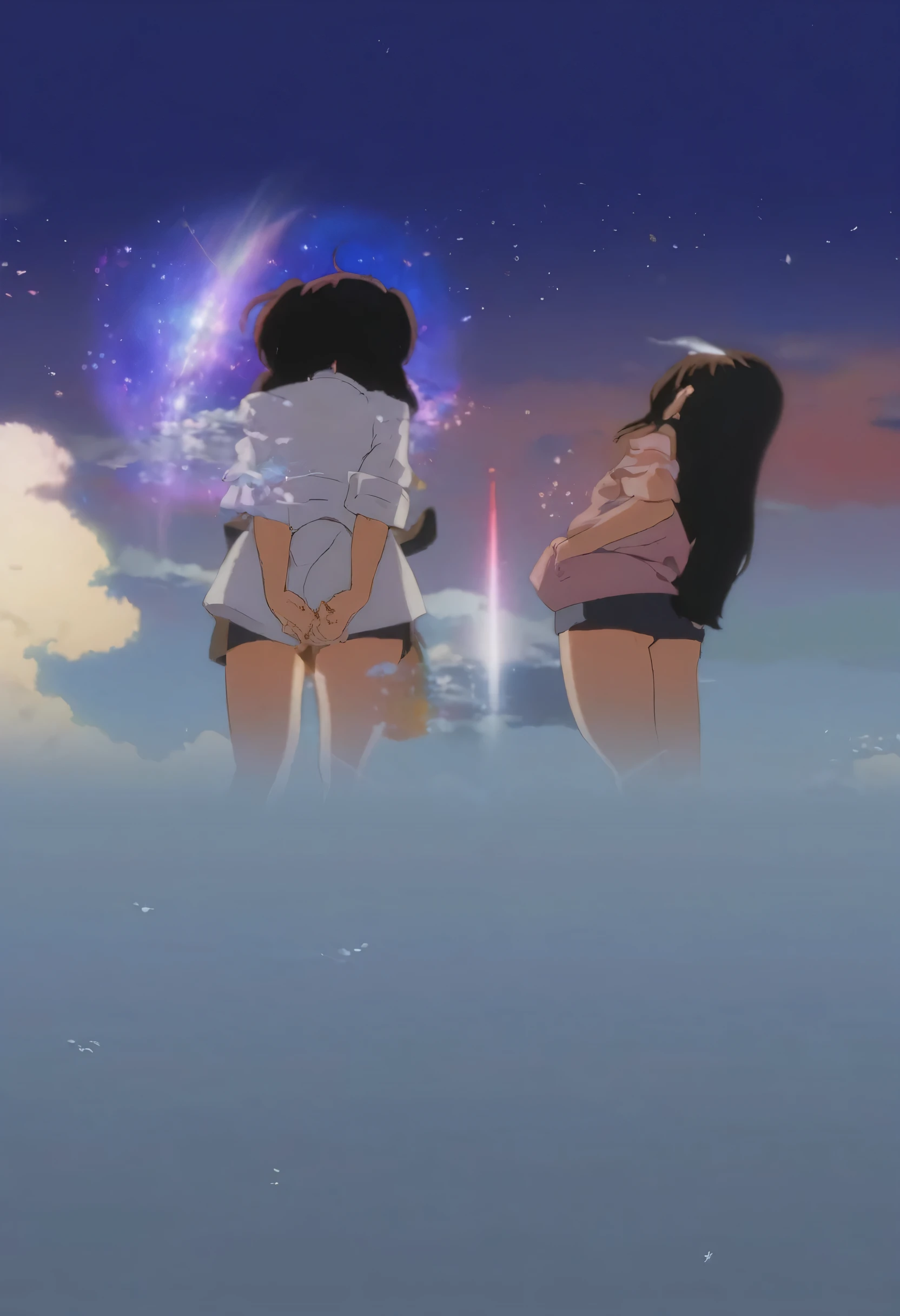 (4girls in WHITE Fundoshi), distant girls has FineSkin staring at the stars, (zoomed out:1.3), (Dazzling meteor shower:1.2), (comet:1.1), your name, low angle, from behind, aroura borealis, shooting star, cherry blossoms, standing in a River,best quality, masterpiece,  cloud,colorful, starry,stars . (Acutance:0.85),(RAW Photo-realistic and Hyper-Realism:1.37), at Hakata GionYmakasa,  Rainbow colors