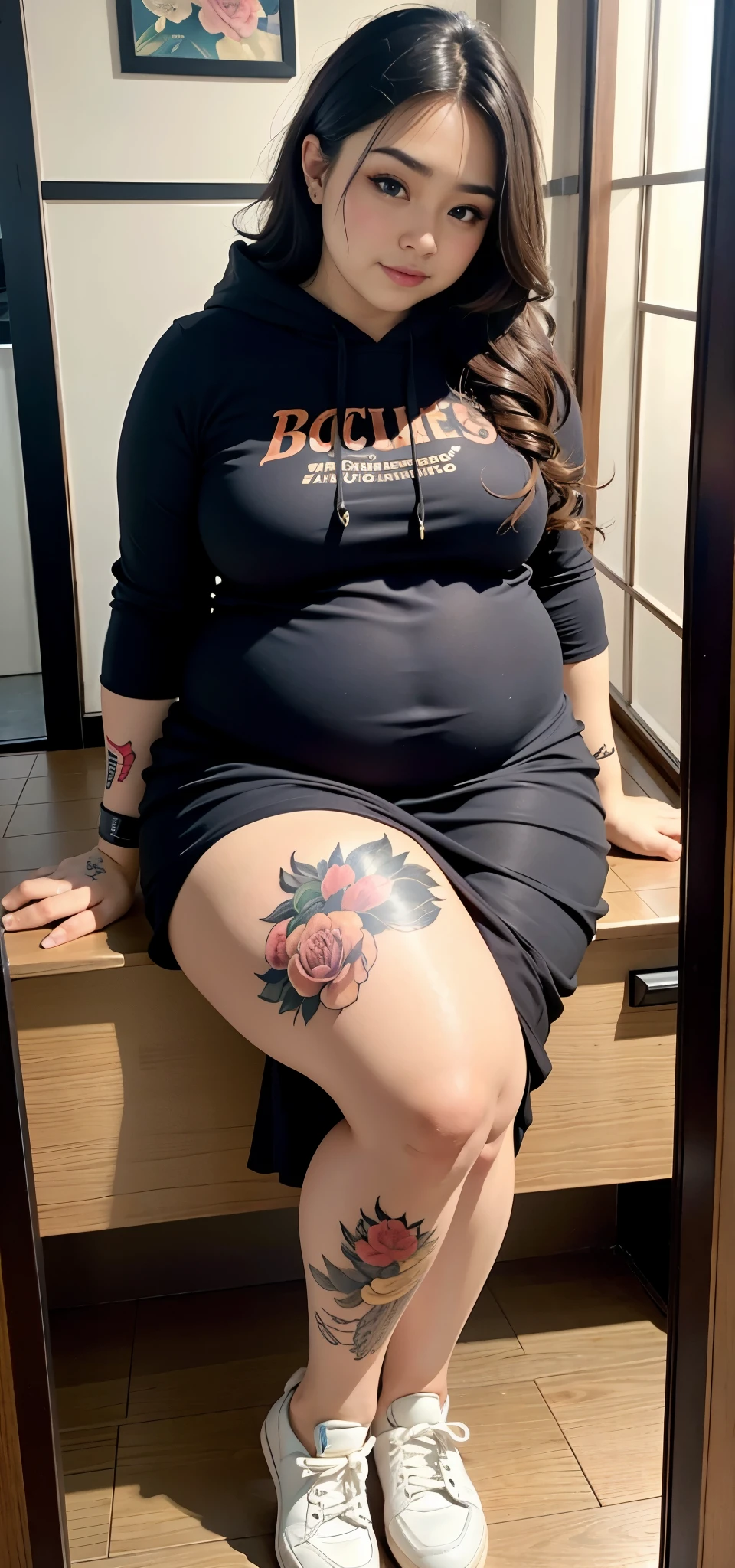there is a woman sitting down with a longest brown hair, bbwchan, thicc, brown hijab outfit, brown hairstyle model, korean girl, korean woman, wearing brown robe, full length shot, alluring plus sized model, japanese goddess, clothed in hooded, voluptuous and arousing, portrait shot, curvy model, voluptuous body, wonderful, nene tanaka body , bbwchan, The overall atmosphere is smooth , haunting illustrations, extremely high-resolution details, photographic, realism pushed to extreme, fine texture, 4k, ultra-detailed, high quality, high contrast, red sneakers , cold atmosphere ,, cold atmosphere ,, ((Detailed texture of tattooed skin)), tattoo round breasts, irezumi tattoo style, tattoo on breasts, tttattoo, showing her thigh , tattoo on thigh, a close up of a woman with tattoos on her body, inked, tattooed body, fully tattooed body, tattooed, full-body tattoos, full - body tattoos, , full body tattoo, with tattoos, , tattoos, tattoos all over the skin, tattoos and piercings, ((Neka: 0.45)) LoRA, {{Big Brother's Tattoo Woman Iremuzi Tattoo Style V1.0: 0.91}},, ((BohoAI v1.0 : 0.45))