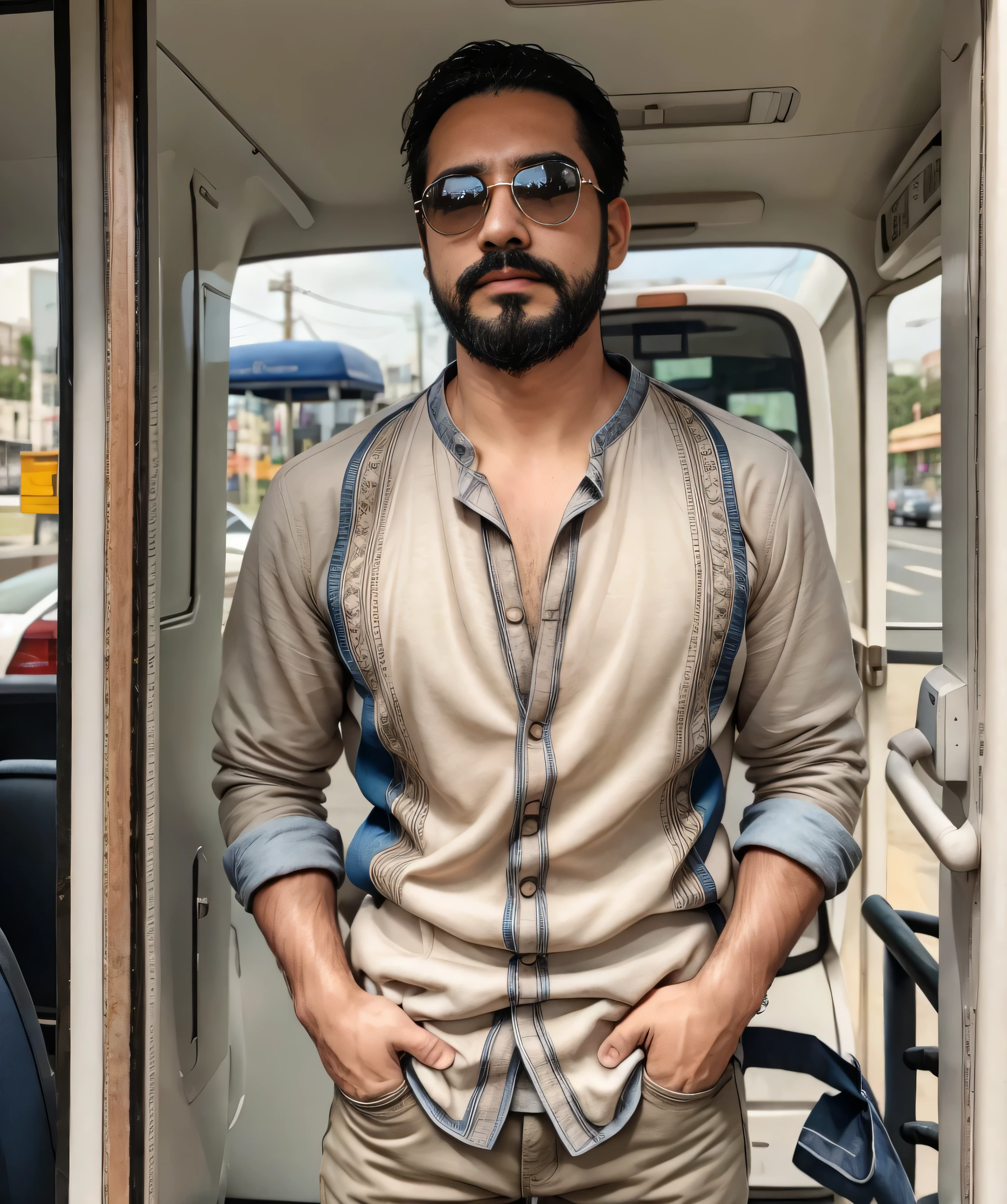Parte superior del cuerpo, 38 year old man with beard and sunglasses... Hombre vistiendo ropa formal con camisa de manta, by public transport .