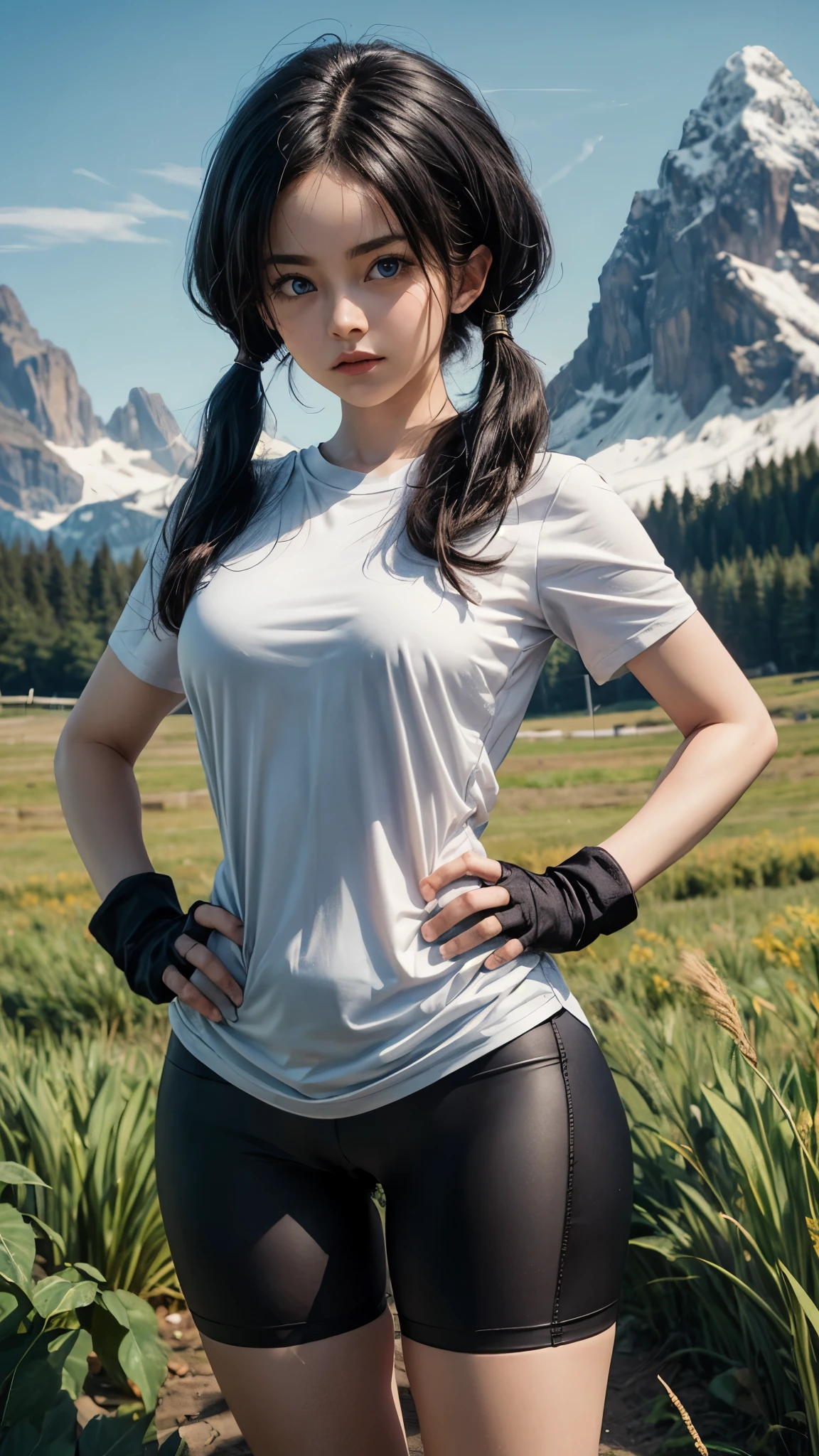 videl, blue eyes, long black hair, twintails,long white shirt, short sleeves, black fingerless gloves, black bike shorts, looking at viewer, serious, standing, hands on hips, outside, field, mountain, grass, winter, sunny, high quality, masterpiece,  large breasts, thick thighs, curvy hips 