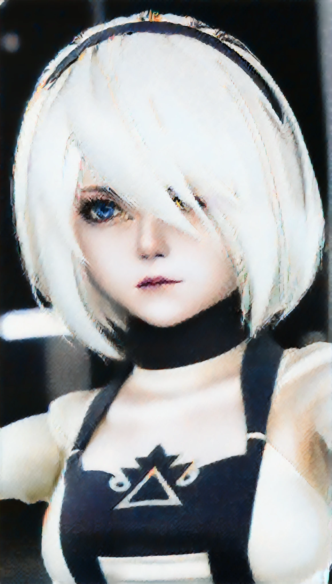 RealのSelfie、nier:Beautiful cosplay of 2B from Automata、2B takes a selfie、2Bのコスプレをした女性のSelfie、White skin、tall、Great style、Big Breasts、Small face、Small head、High nose、Beautiful Face、30 years old、British women、Half British、nier:2B's black costume from Automata、Stylish background、Light background、Blur the background、Fantasyな都市を背景に、peace sign、((2BのSelfie))、((Focus Zoom))、((Face Enhancement))、Shooting from a diagonal angle、masterpiece、highest quality、high resolution、コスプレイヤーのSelfie、Selfie、Professional Photoodel、Fantasy、Glaring at the audience、Angry expression、Cosplay Makeup、Real Cosplay Photo、Cool and beautiful photos、Wrapped in a pale white glow、good looking