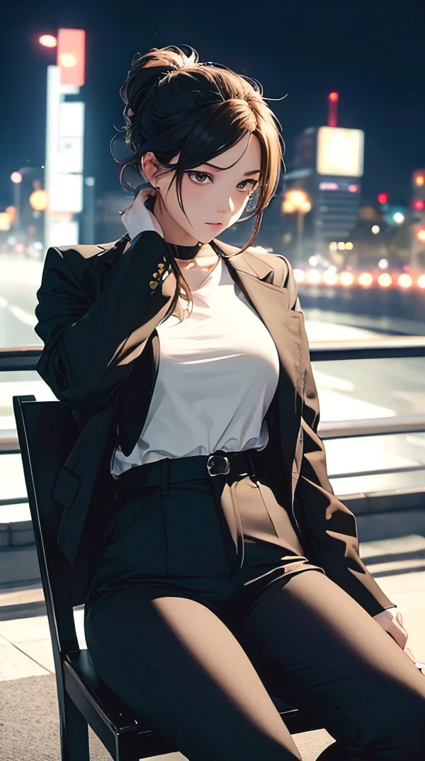 Surreal, City of night, masterpiece, Front lighting, (8k, RAW Photos, Photorealistic:1.2, f22), highest quality, a girl who is sitting on a chair with her hair up and a huge bulge in her trousers, pussy, censored
