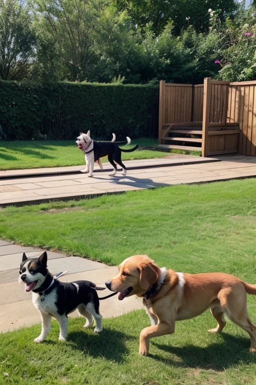 puppy and dog run in the garden