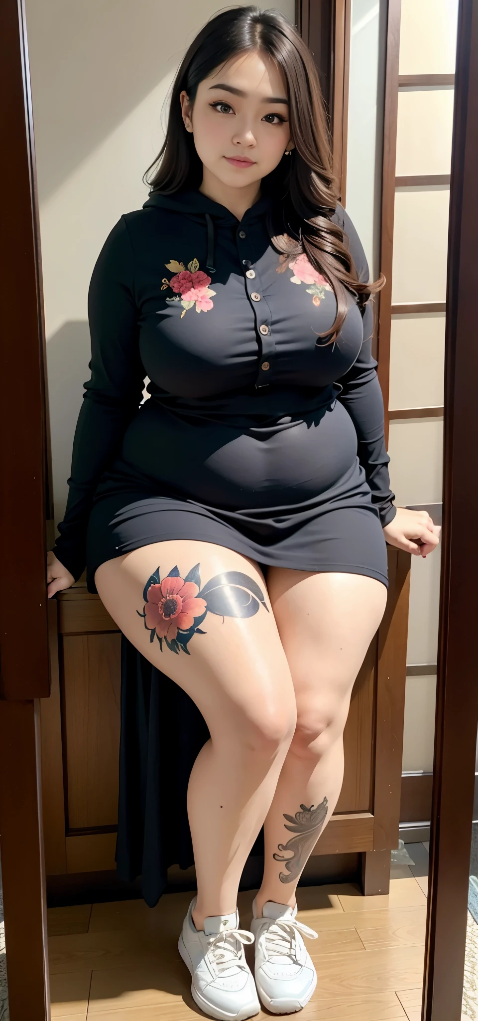 there is a woman sitting down with a longest brown hair, bbwchan, thicc, brown hijab outfit, brown hairstyle model, korean girl, korean woman, wearing brown robe, full length shot, alluring plus sized model, japanese goddess, clothed in hooded, voluptuous and arousing, portrait shot, curvy model, voluptuous body, wonderful, nene tanaka body , bbwchan, The overall atmosphere is smooth , haunting illustrations, extremely high-resolution details, photographic, realism pushed to extreme, fine texture, 4k, ultra-detailed, high quality, high contrast, red sneakers , cold atmosphere ,, cold atmosphere ,, ((Detailed texture of tattooed skin)), tattoo round breasts, irezumi tattoo style, tattoo on breasts, tttattoo, showing her thigh , tattoo on thigh, a close up of a woman with tattoos on her body, inked, tattooed body, fully tattooed body, tattooed, full-body tattoos, full - body tattoos, , full body tattoo, with tattoos, , tattoos, tattoos all over the skin, tattoos and piercings, ((Neka: 0.45)) LoRA, {{Big Brother&#39;s Tattoo Woman Iremuzi Tattoo Style V1.0: 0.91}},, ((BohoAI v1.0 : 0.45))