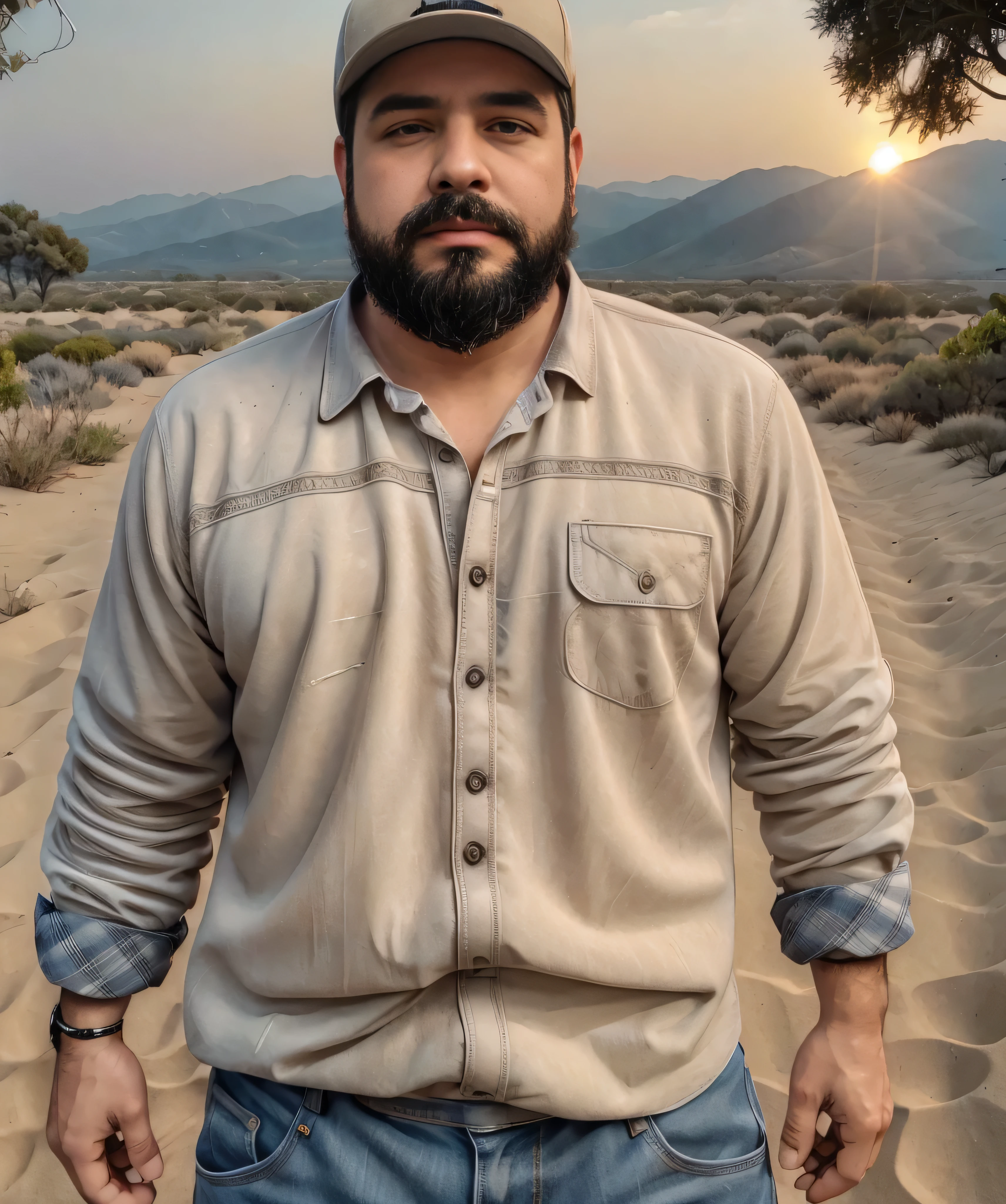 Obra maestra, desenfoque de campo, Parte superior del cuerpo, hands in pants pockets , 38 year old man with beard , gorra y lentes oscuros . Chubby man wearing a plaid shirt in a Netflix drug trafficking series with a sunset in the background.