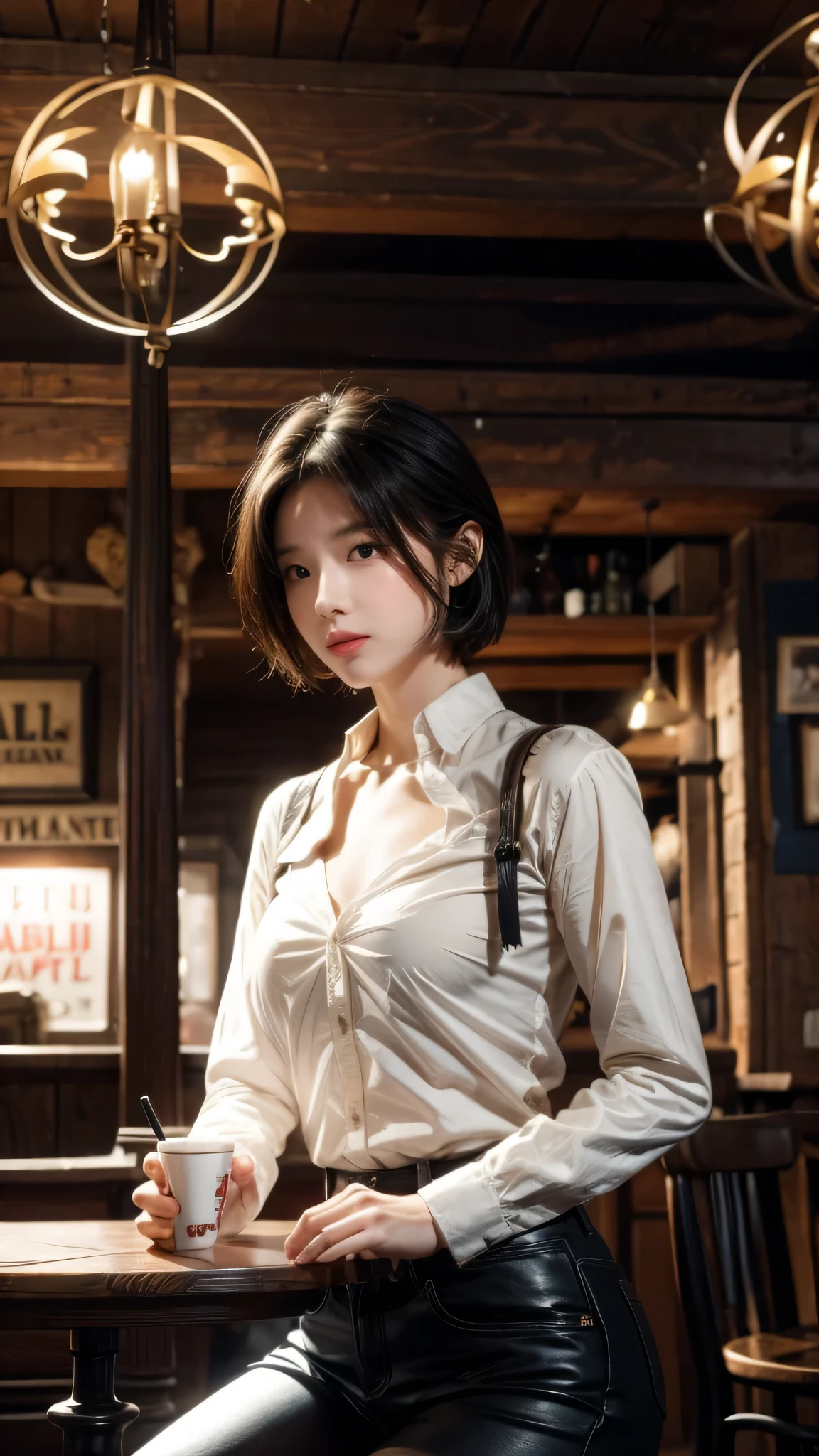 Short haired cowgirl in old west bar,Blonde,sitting,pipe,table Wisky,piano,6-round revolver,bucket,table,Poker,dust,artwork,3D,4K,detailed,Practical