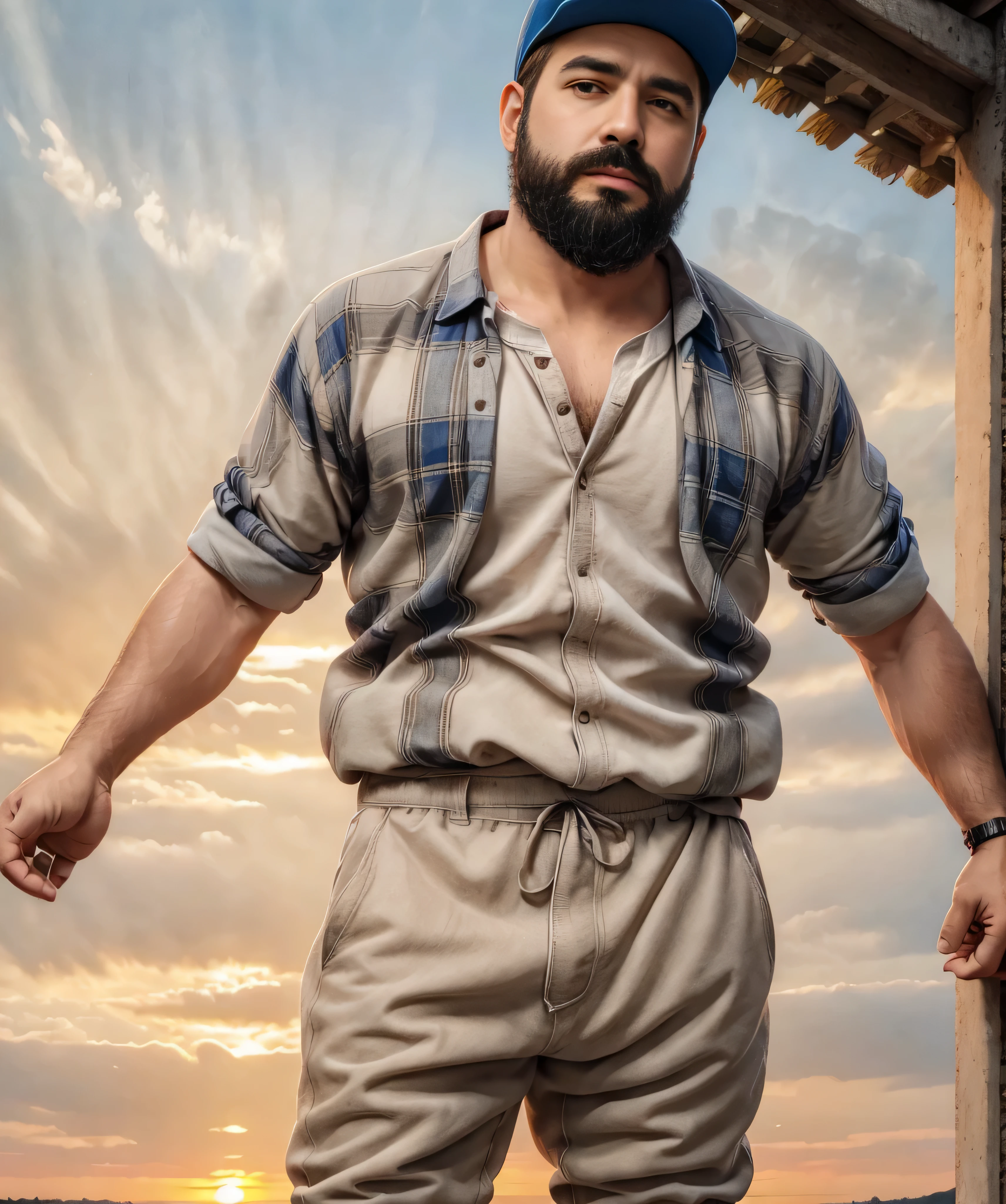 Obra maestra, desenfoque de campo, Parte superior del cuerpo, hands in pants pockets , 38 year old man with beard , gorra y lentes oscuros . Chubby man wearing a plaid shirt in a Netflix drug trafficking series with a sunset in the background.