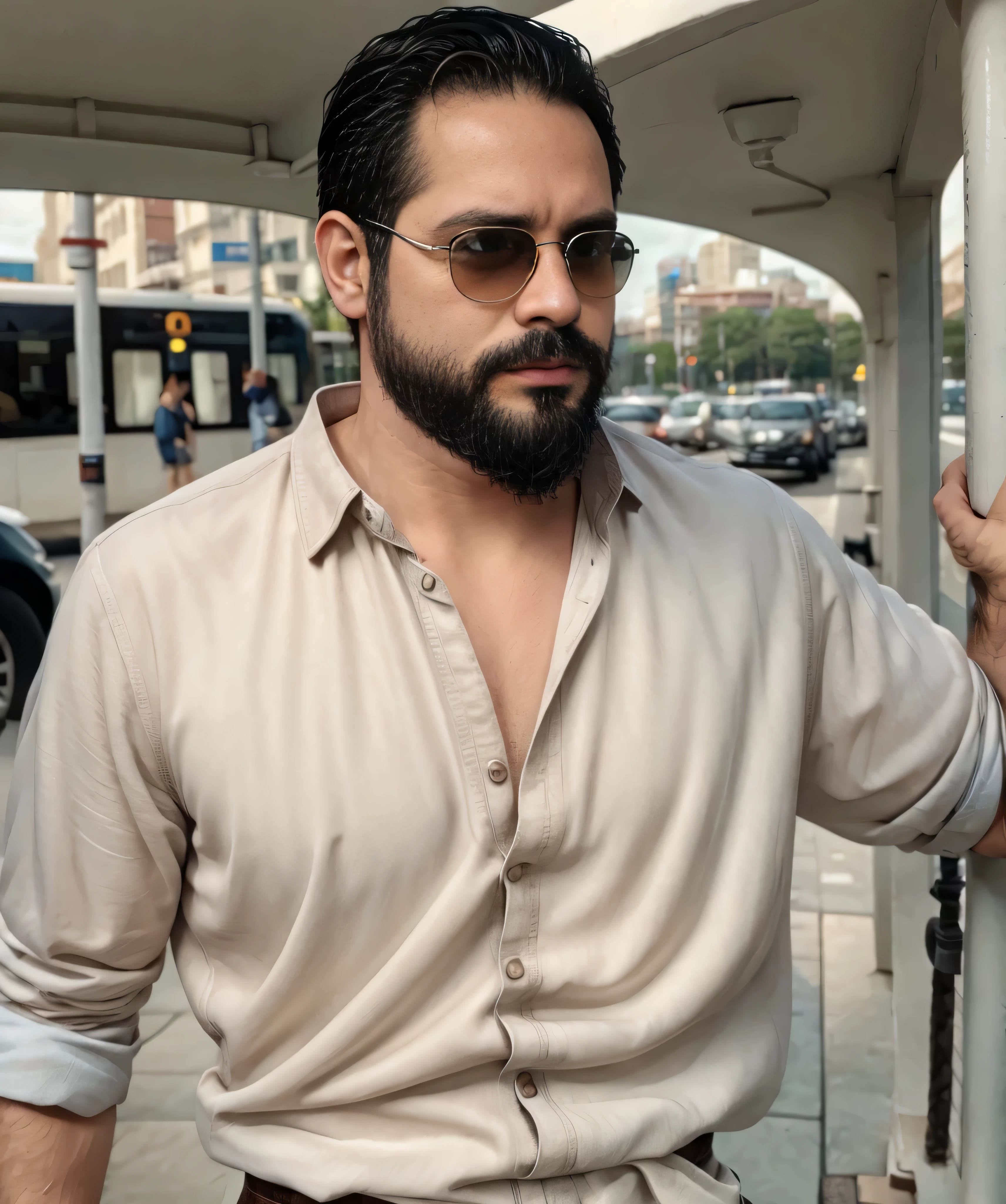 Parte superior del cuerpo, 38 year old man with beard and sunglasses... Hombre vistiendo ropa formal con camisa de manta, by public transport .