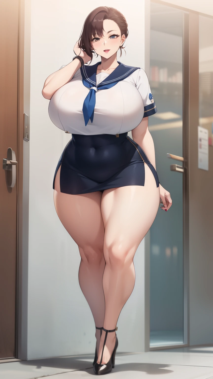 Big Breasts, Big Hips, Full Body Shot, Mature mother, Voluptuous thighs, Whole calf, Seductive mature woman, Perfect body, Plus Size Model, Sailor suit, Wearing high heels,Miniskirt Uniform,